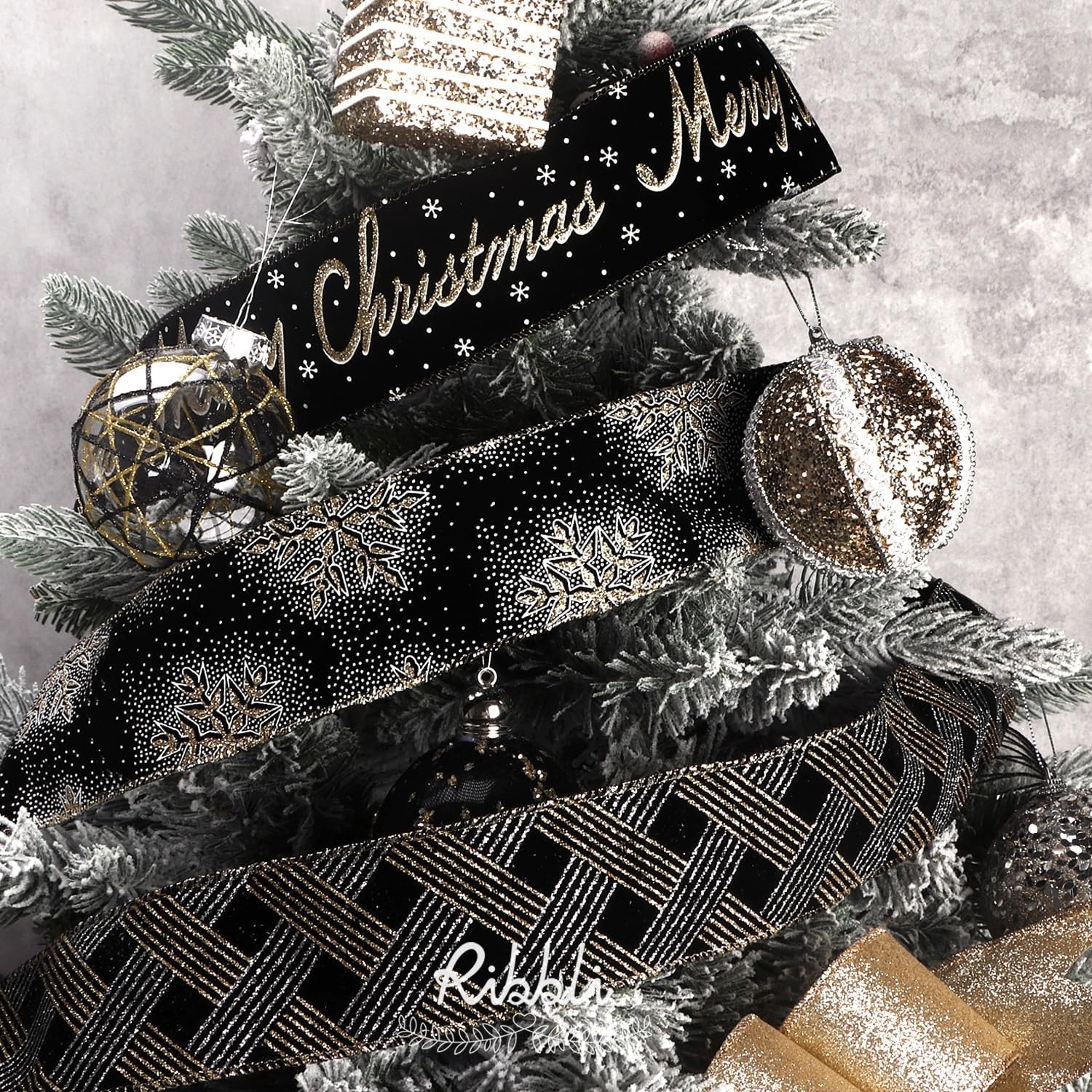 Ribbli Christmas Ribbon Wired Black Champagne Christmas Tree Ribbon Snowflake Glitter Wired Ribbons for Tree Topper Bow Crafts Gift Wrapping Wreaths Garland Home Decor -2.5 Inchx6 Rolls Total 36Yard(Black/Champagne)