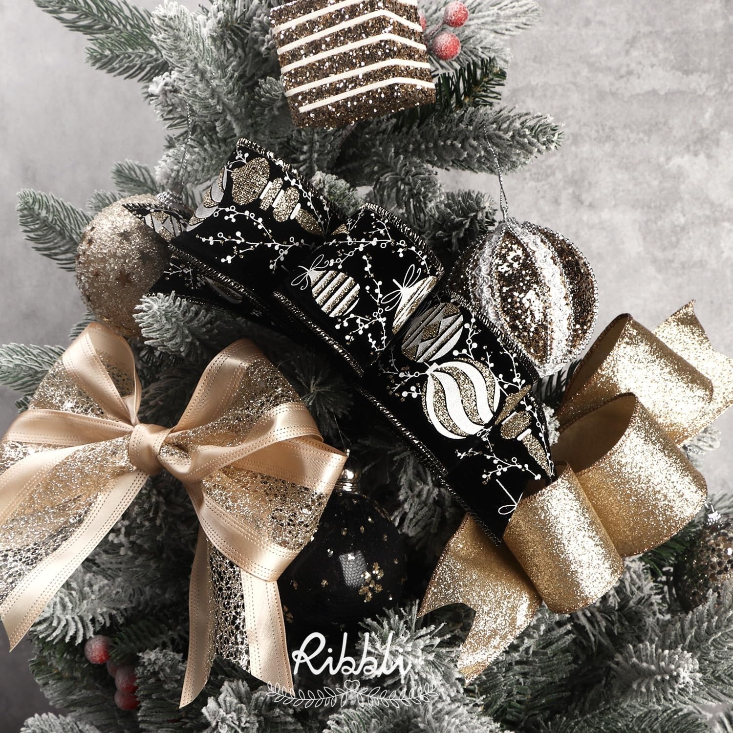 Ribbli Christmas Ribbon Wired Black Champagne Christmas Tree Ribbon Snowflake Glitter Wired Ribbons for Tree Topper Bow Crafts Gift Wrapping Wreaths Garland Home Decor -2.5 Inchx6 Rolls Total 36Yard(Black/Champagne)