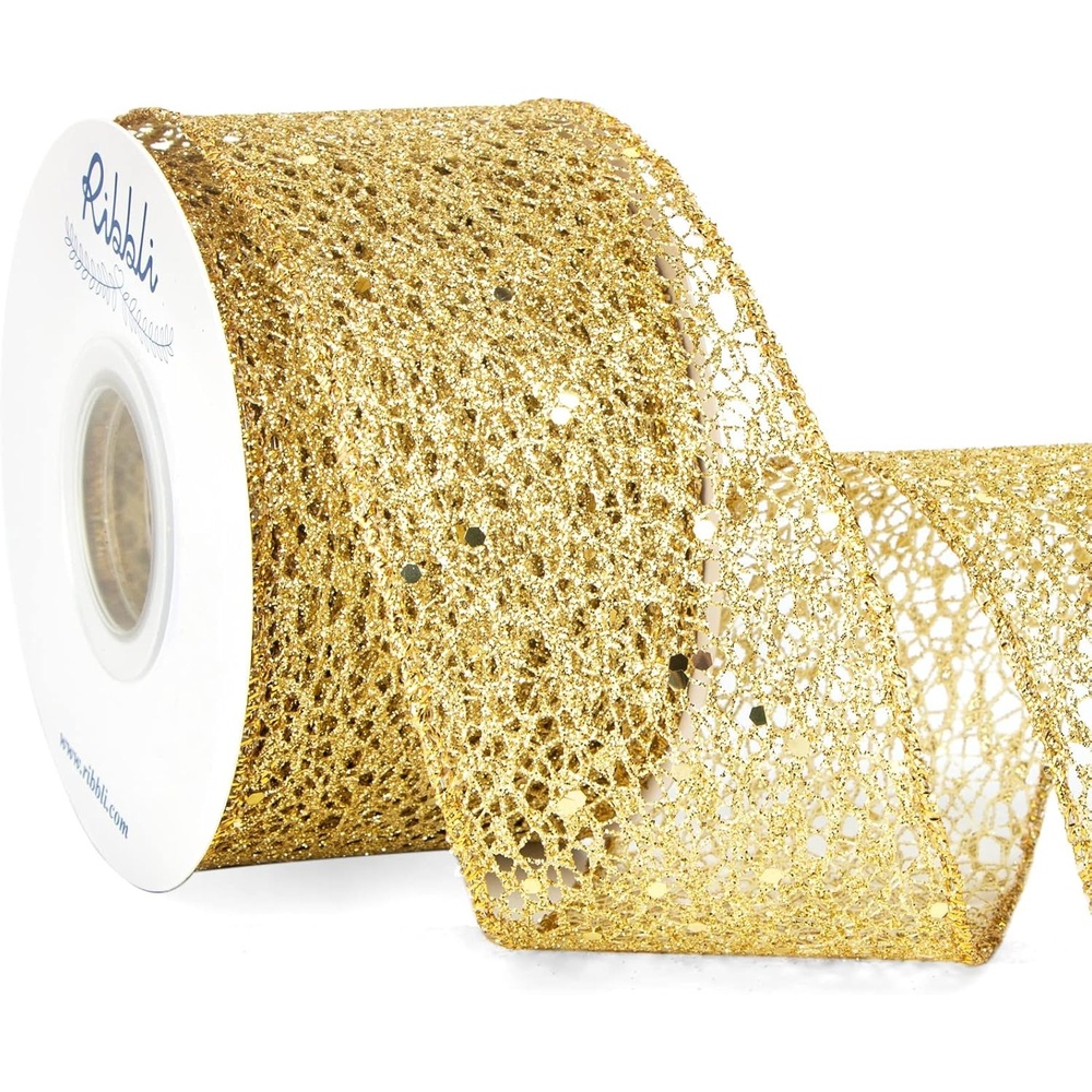 Ribbli Christmas Ribbon,Glitter Mesh Wired Ribbon for Christmas Tree, Silver Sparkling 2.5 Inch x 10 Yard for Crafts, Big Bow,Gift Wrapping, Wreath(Gold)