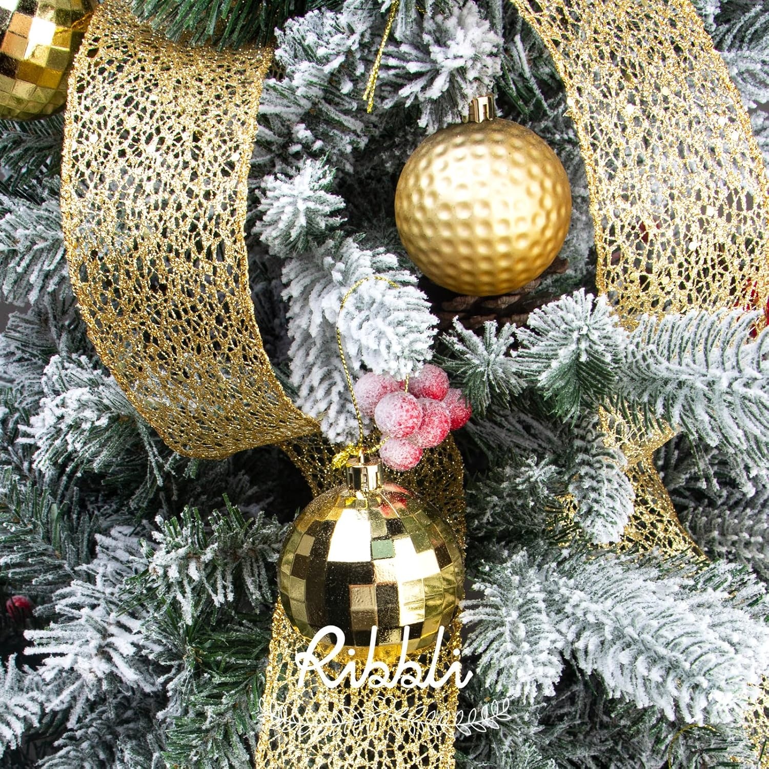 Ribbli Christmas Ribbon,Glitter Mesh Wired Ribbon for Christmas Tree, Silver Sparkling 2.5 Inch x 10 Yard for Crafts, Big Bow,Gift Wrapping, Wreath(Gold)