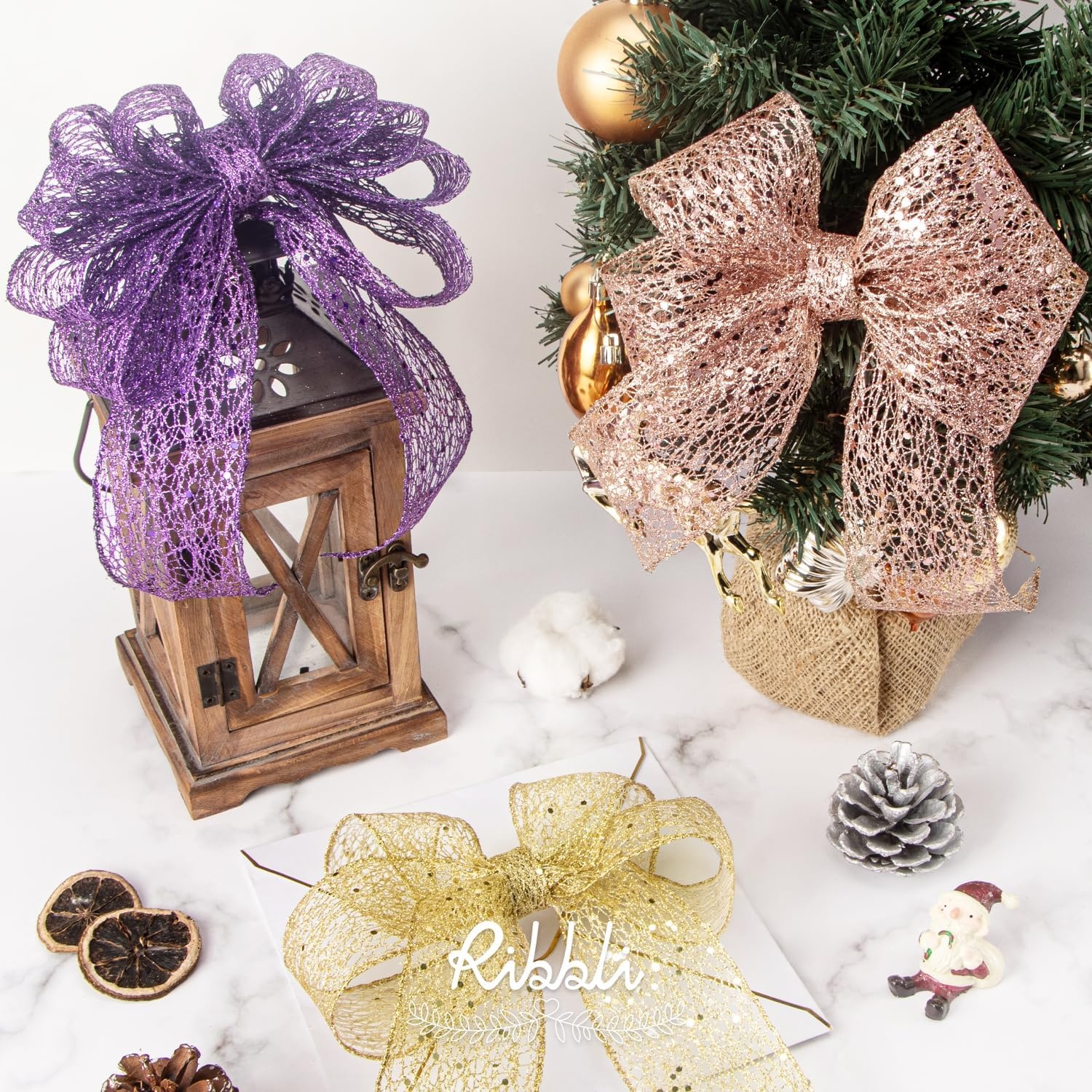 Ribbli Christmas Ribbon,Glitter Mesh Wired Ribbon for Christmas Tree, Silver Sparkling 2.5 Inch x 10 Yard for Crafts, Big Bow,Gift Wrapping, Wreath(Gold)