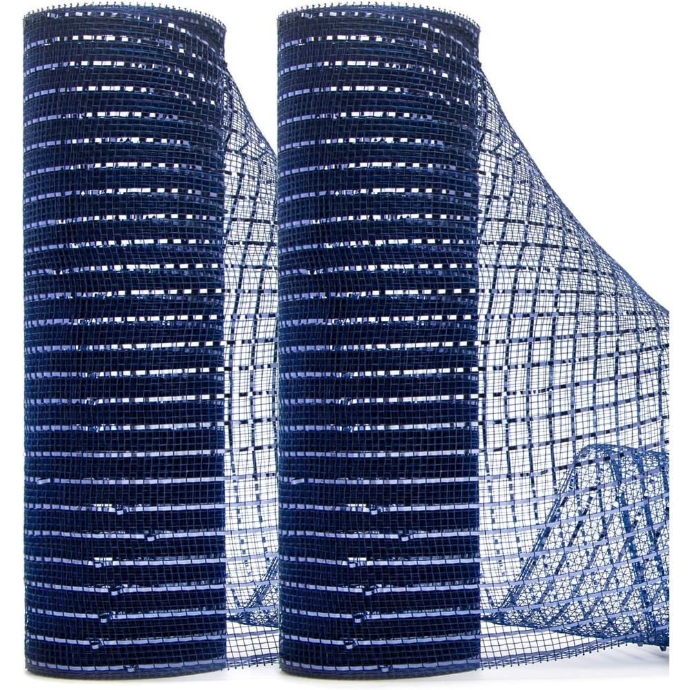 Ribbli 2 Rolls Champagne Gold Metallic Mesh Ribbon Champagne Gold Deluxe Foil Christmas Ribbon for Christmas Tree Wreath Swags Wedding Garland 10 inch x 30 feet(10Yard) Per Roll(Navy Blue)