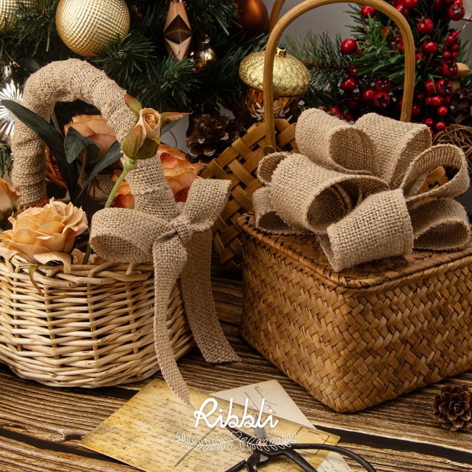 Ribbli Jute Burlap Ribbon 4 Inch x 10 Yard,Natural Solid Ribbon for Crafts,Gift Wrapping,Wreath,Tree Decoration,Outdoor Decoration(Non-Wired)(2inch)