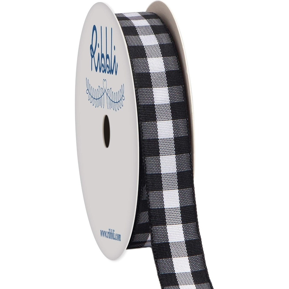 Ribbli Yellow and White Gingham Ribbon,100% Polyester Woven Edge,3/8 Inch x 10 Yard,Plaid Ribbon Use for Gift Wrapping,Party Decoration(White/Black)