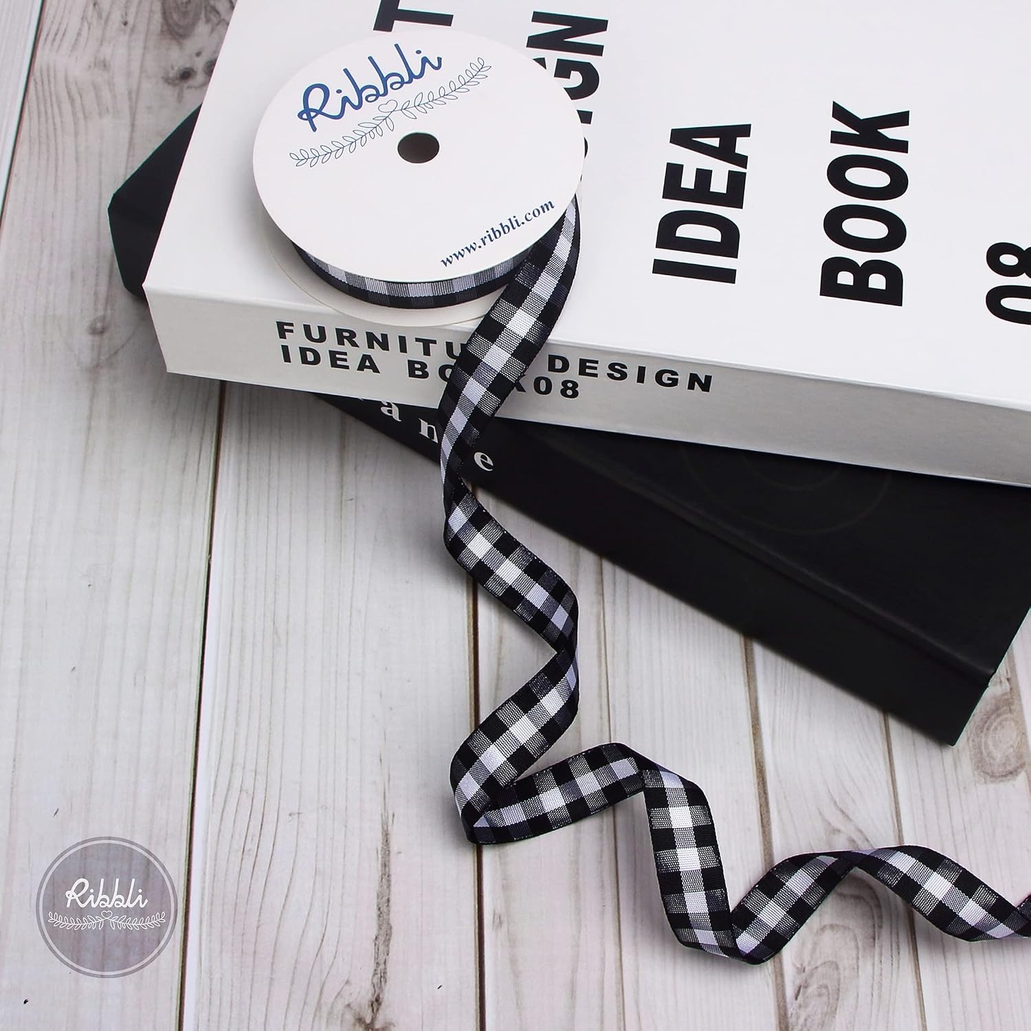 Ribbli Yellow and White Gingham Ribbon,100% Polyester Woven Edge,3/8 Inch x 10 Yard,Plaid Ribbon Use for Gift Wrapping,Party Decoration(White/Black)