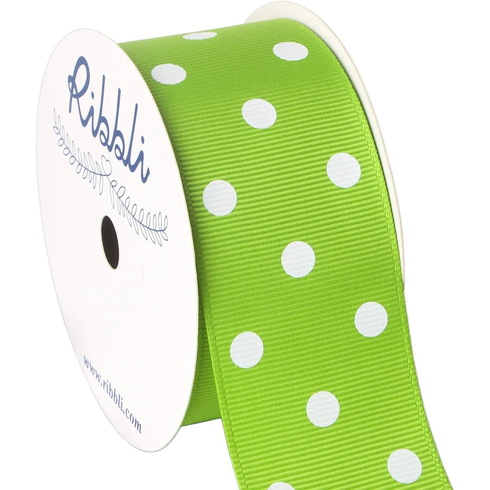 Ribbli Grosgrain Polka Dot Craft Ribbon,1-1/2 Inch,10-Yard Spool,Black with White Dots,Use for Hair Bows,Gift Wrapping,All Crafting and Sewing(Apple Green/White)