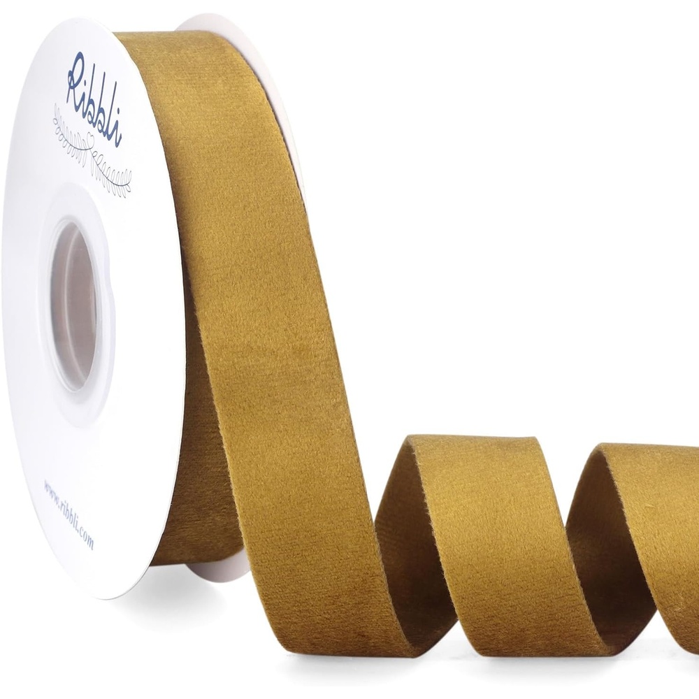 Ribbli Antique Gold Velvet Ribbon Double Faced 1 Inch 10-Yard Spool Gold Ribbon Use for Christmas Tree Ornaments Gift Wrapping Wreath Decoration Wedding Boutonnieres(Antique Gold)