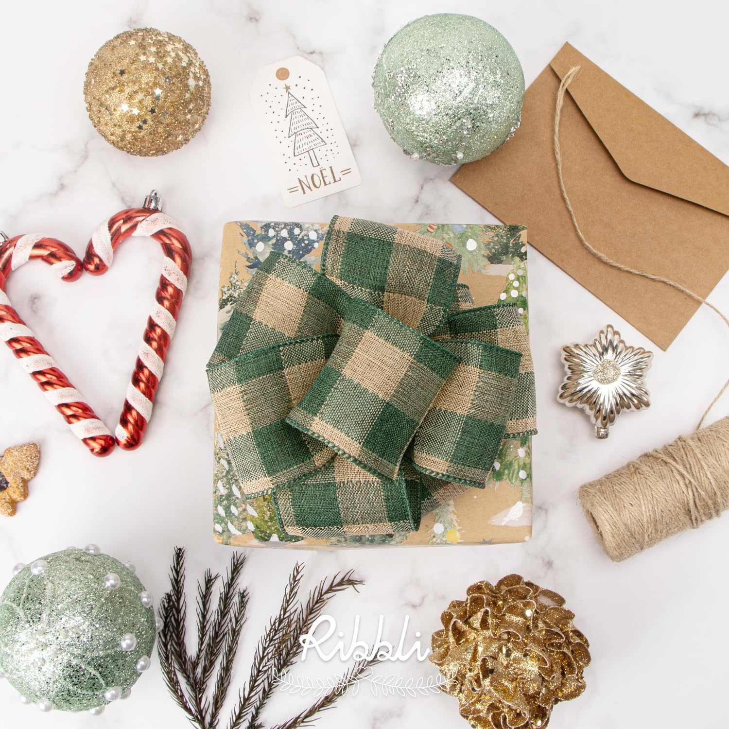 Ribbli Christmas Plaid Wired Ribbon, Green Blue Plaid Ribbon 1-1/2 Inch x Continuous 10 Yard, Christmas Ribbon for Gift Wrapping, Big Bow, Wreath(Vintage Green/Beige)