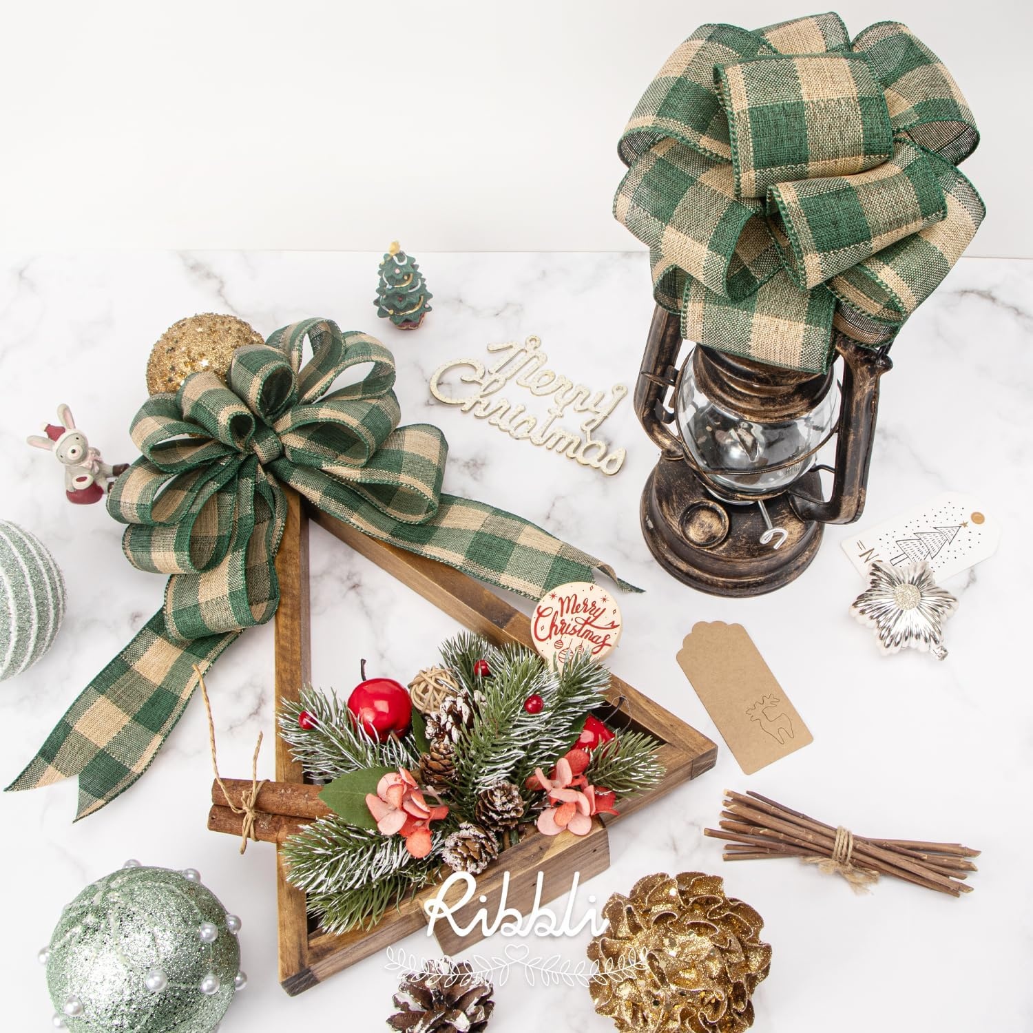 Ribbli Christmas Plaid Wired Ribbon, Green Blue Plaid Ribbon 1-1/2 Inch x Continuous 10 Yard, Christmas Ribbon for Gift Wrapping, Big Bow, Wreath(Vintage Green/Beige)