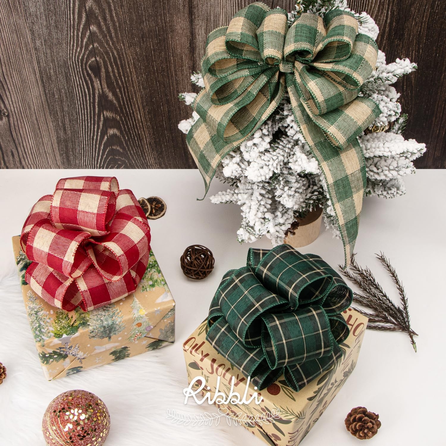 Ribbli Christmas Plaid Wired Ribbon, Green Blue Plaid Ribbon 1-1/2 Inch x Continuous 10 Yard, Christmas Ribbon for Gift Wrapping, Big Bow, Wreath(Vintage Green/Beige)
