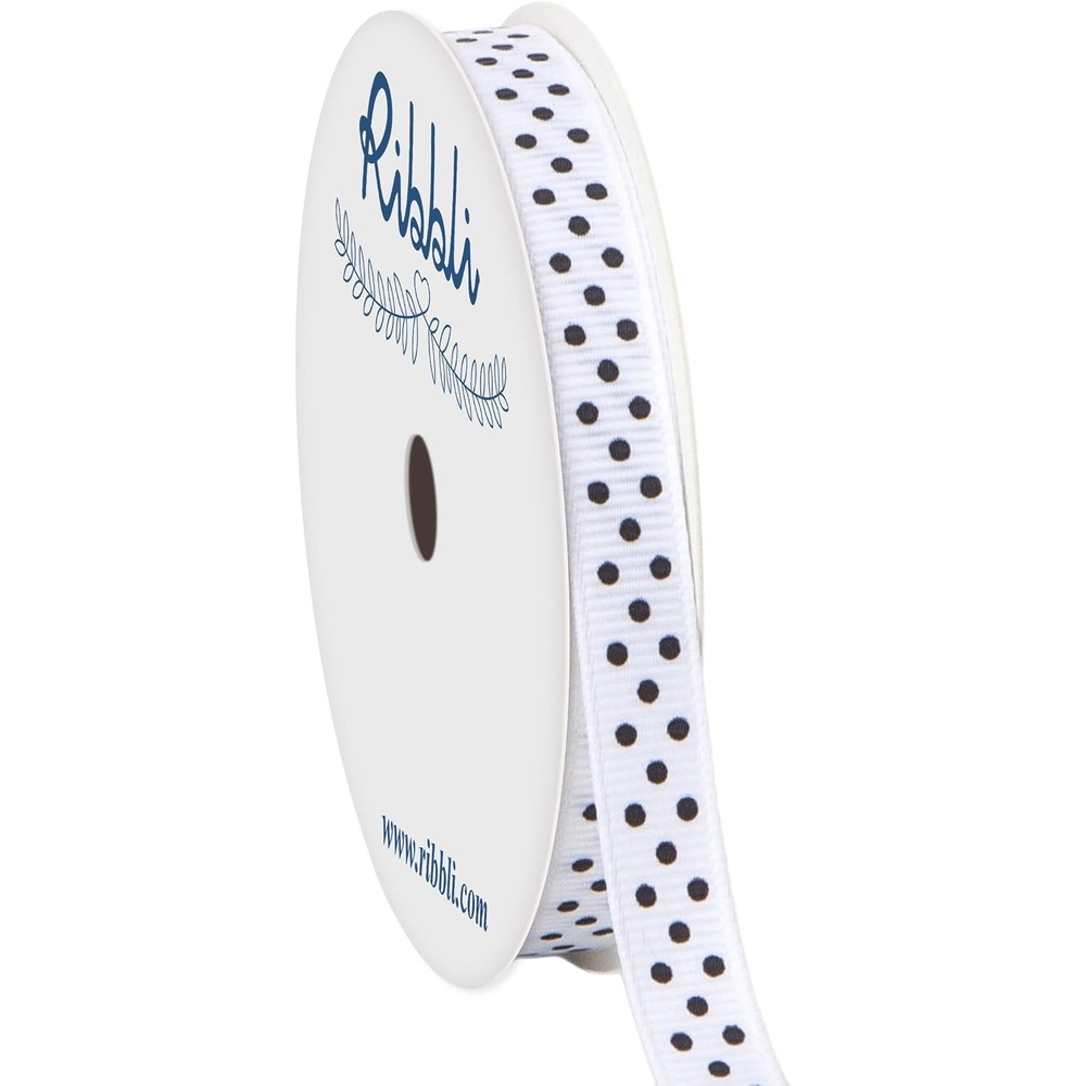 Ribbli Grosgrain Polka Dot Craft Ribbon,3/8 Inch,10-Yard Spool,Black with White Dots,Use for Gift Wrapping,Party Decoration,All Crafting and Sewing(White/Black)