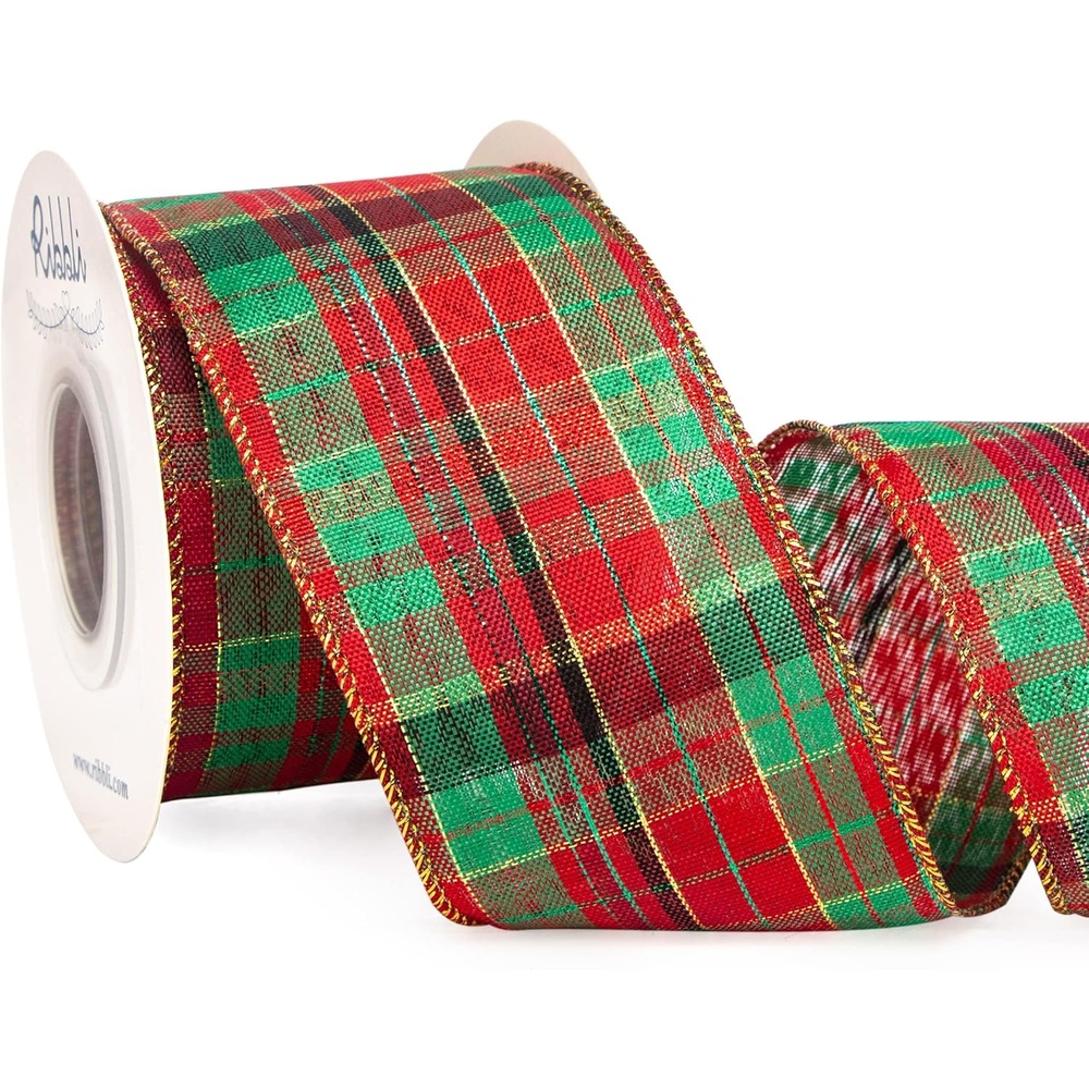 Ribbli Christmas Plaid Wired Ribbon, Green Blue Plaid Ribbon 1-1/2 Inch x Continuous 10 Yard, Christmas Ribbon for Gift Wrapping, Big Bow, Wreath(Red/Green/Gold)