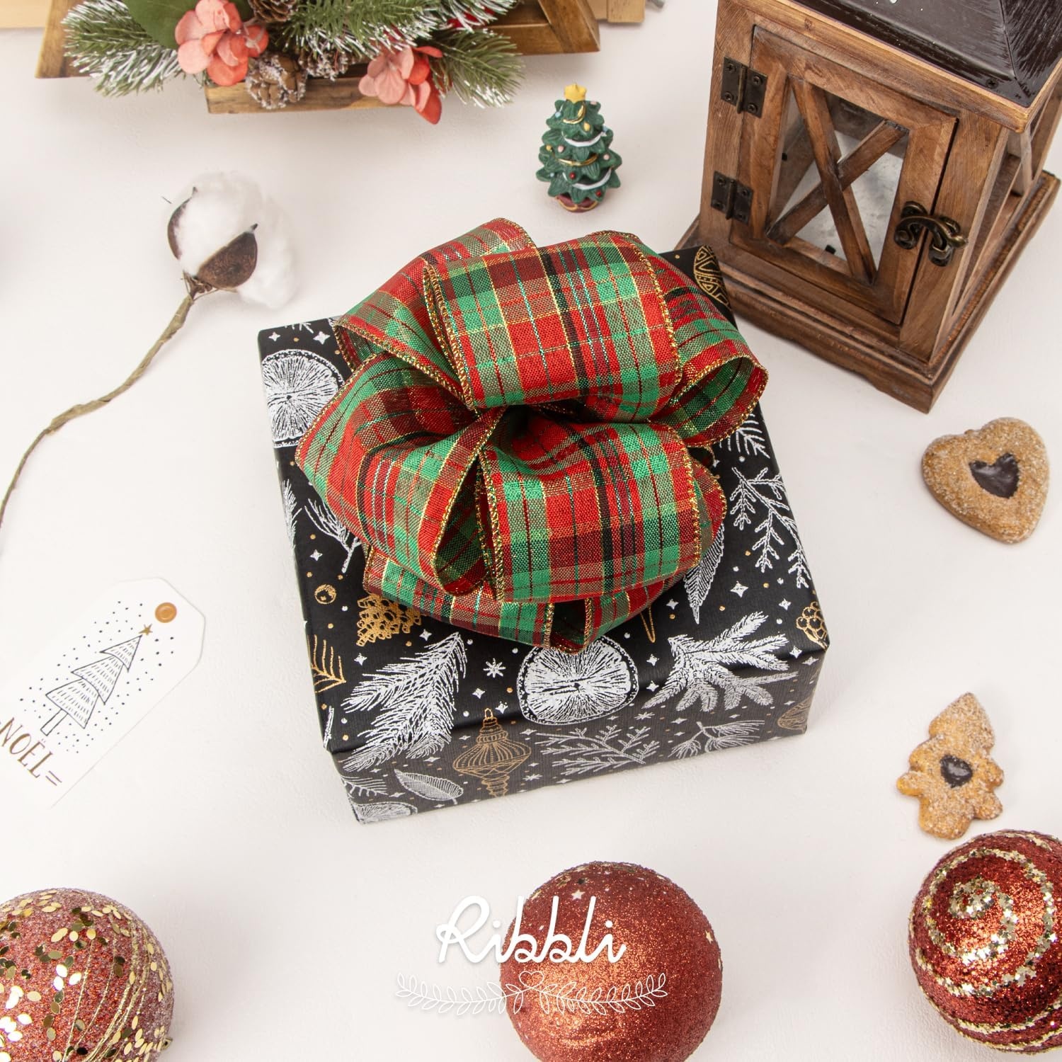 Ribbli Christmas Plaid Wired Ribbon, Green Blue Plaid Ribbon 1-1/2 Inch x Continuous 10 Yard, Christmas Ribbon for Gift Wrapping, Big Bow, Wreath(Red/Green/Gold)