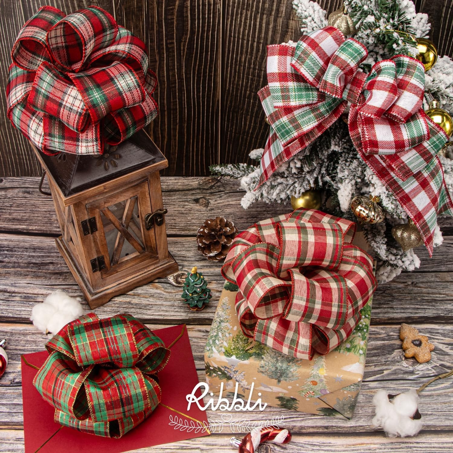 Ribbli Christmas Plaid Wired Ribbon, Green Blue Plaid Ribbon 1-1/2 Inch x Continuous 10 Yard, Christmas Ribbon for Gift Wrapping, Big Bow, Wreath(Red/Green/Gold)