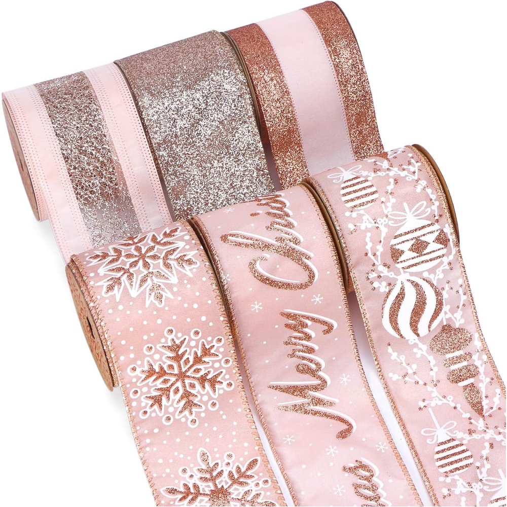 Ribbli Christmas Ribbon Wired Black Champagne Christmas Tree Ribbon Snowflake Glitter Wired Ribbons for Tree Topper Bow Crafts Gift Wrapping Wreaths Garland Home Decor -2.5 Inchx6 Rolls Total 36Yard(Rose Gold)