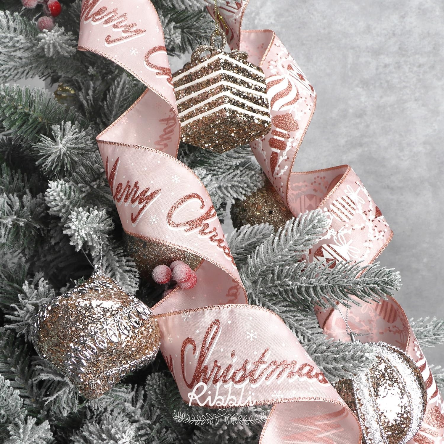Ribbli Christmas Ribbon Wired Black Champagne Christmas Tree Ribbon Snowflake Glitter Wired Ribbons for Tree Topper Bow Crafts Gift Wrapping Wreaths Garland Home Decor -2.5 Inchx6 Rolls Total 36Yard(Rose Gold)