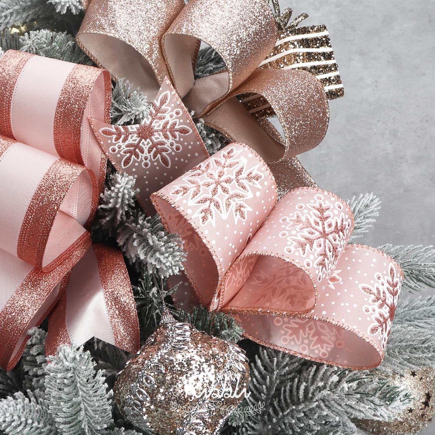 Ribbli Christmas Ribbon Wired Black Champagne Christmas Tree Ribbon Snowflake Glitter Wired Ribbons for Tree Topper Bow Crafts Gift Wrapping Wreaths Garland Home Decor -2.5 Inchx6 Rolls Total 36Yard(Rose Gold)