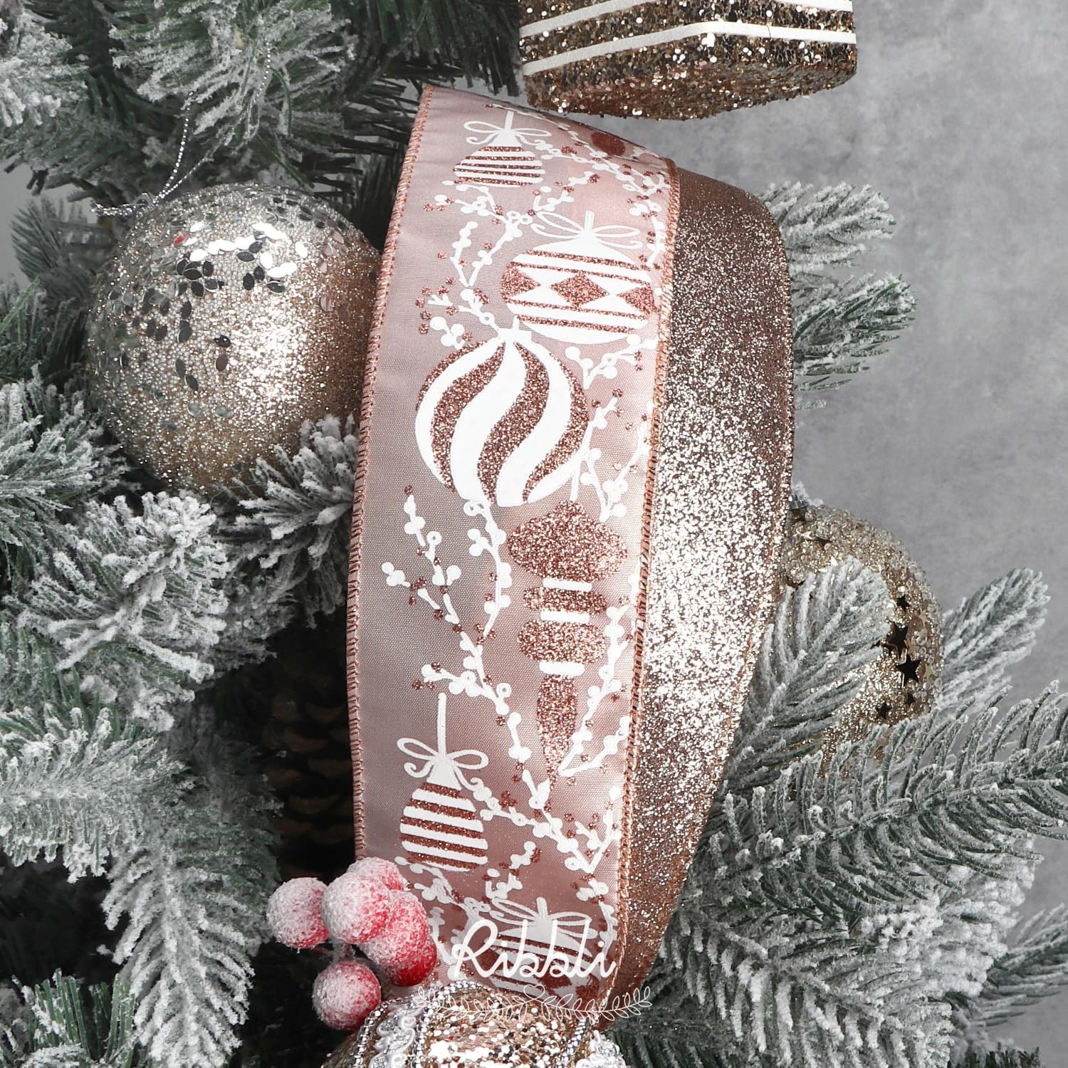 Ribbli Christmas Ribbon Wired Black Champagne Christmas Tree Ribbon Snowflake Glitter Wired Ribbons for Tree Topper Bow Crafts Gift Wrapping Wreaths Garland Home Decor -2.5 Inchx6 Rolls Total 36Yard(Rose Gold)