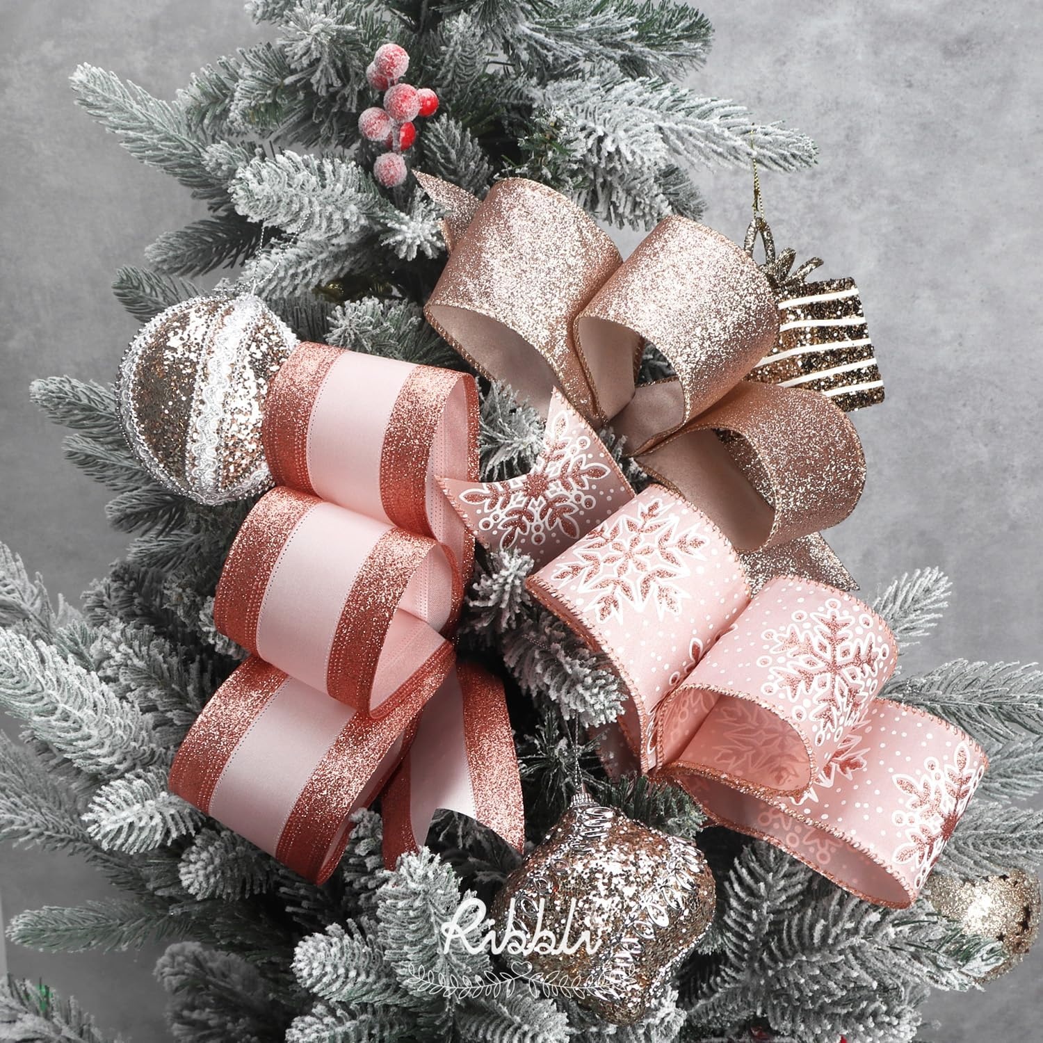 Ribbli Christmas Ribbon Wired Black Champagne Christmas Tree Ribbon Snowflake Glitter Wired Ribbons for Tree Topper Bow Crafts Gift Wrapping Wreaths Garland Home Decor -2.5 Inchx6 Rolls Total 36Yard(Rose Gold)