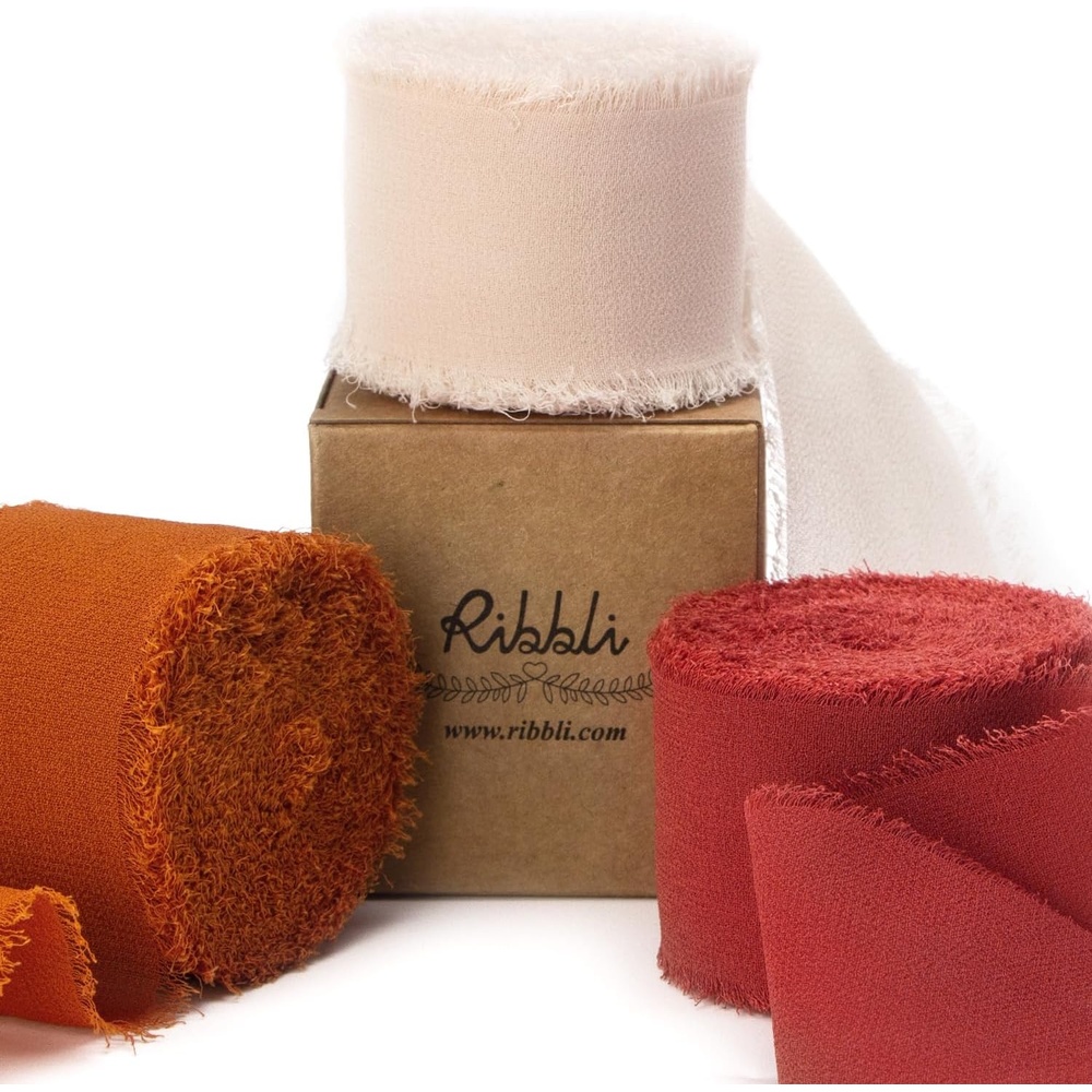 Ribbli Chiffon Silk Ribbon, 1.5 inch x 30 Yard, Champagne/Terracotta/Rust Red Fringe Chiffon Fall Ribbon for Wedding Invitations, Bridal Bouquets Wrapping, Flower Arrangement Decoration(Champagne/Terracotta/Rust Red)