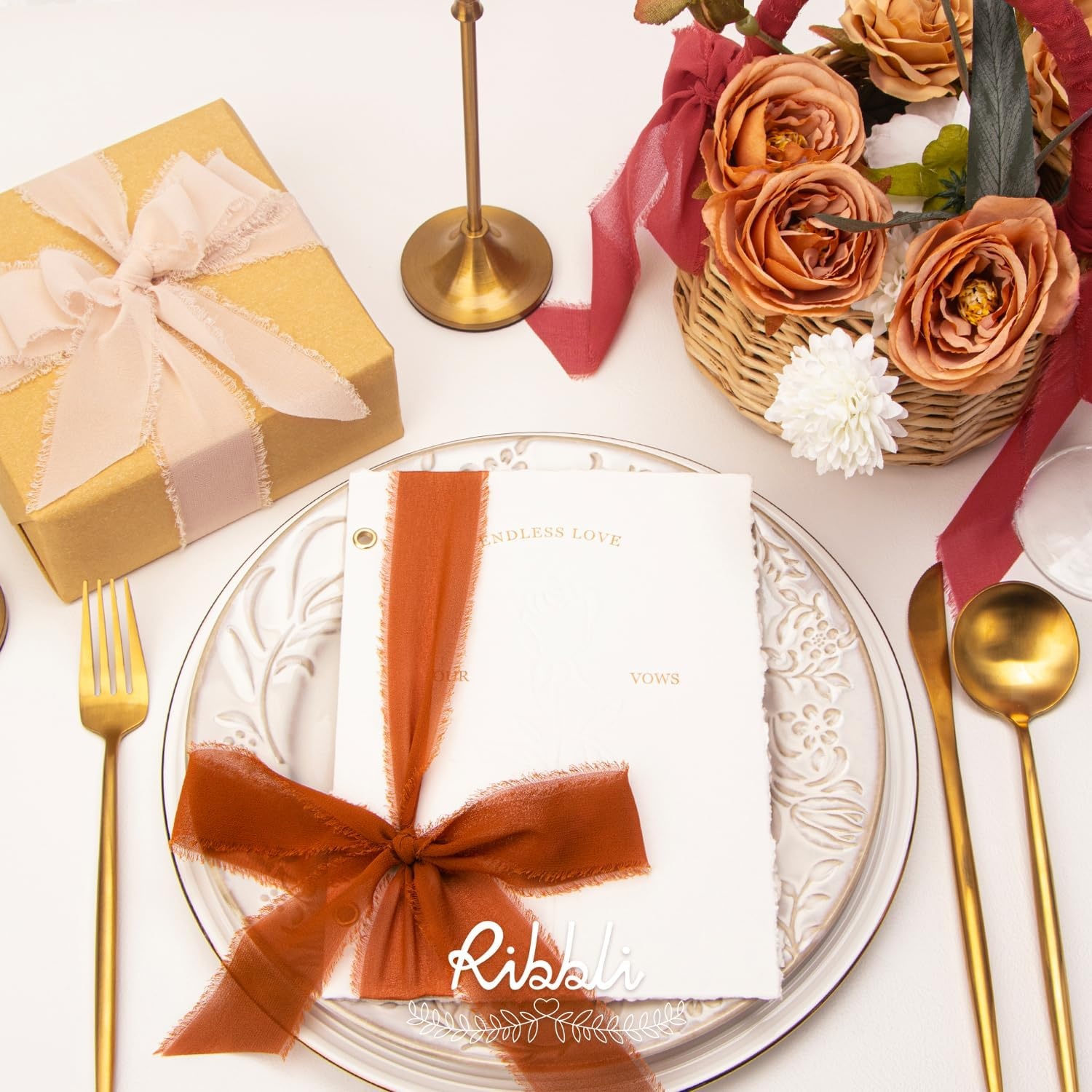 Ribbli Chiffon Silk Ribbon, 1.5 inch x 30 Yard, Champagne/Terracotta/Rust Red Fringe Chiffon Fall Ribbon for Wedding Invitations, Bridal Bouquets Wrapping, Flower Arrangement Decoration(Champagne/Terracotta/Rust Red)