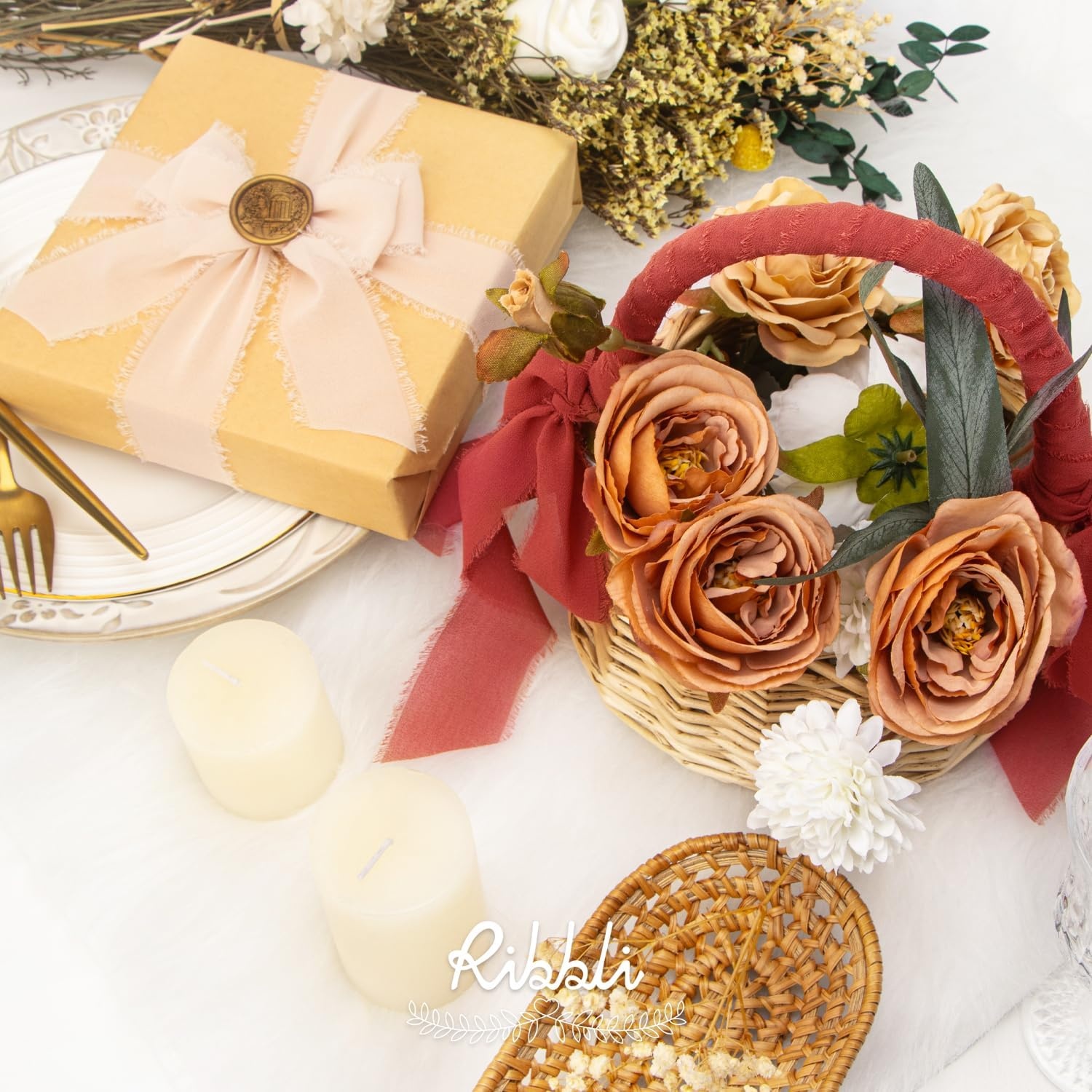 Ribbli Chiffon Silk Ribbon, 1.5 inch x 30 Yard, Champagne/Terracotta/Rust Red Fringe Chiffon Fall Ribbon for Wedding Invitations, Bridal Bouquets Wrapping, Flower Arrangement Decoration(Champagne/Terracotta/Rust Red)