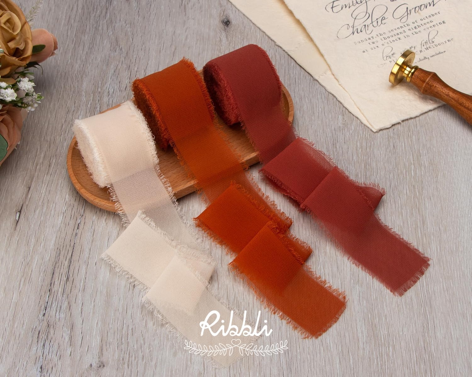 Ribbli Chiffon Silk Ribbon, 1.5 inch x 30 Yard, Champagne/Terracotta/Rust Red Fringe Chiffon Fall Ribbon for Wedding Invitations, Bridal Bouquets Wrapping, Flower Arrangement Decoration(Champagne/Terracotta/Rust Red)