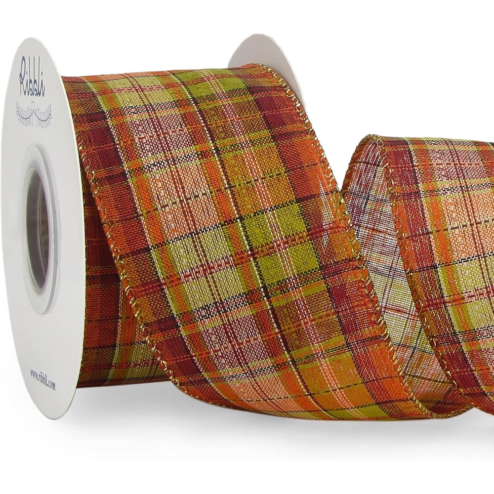 Ribbli Fall Burlap Wired Ribbon With Metallic Edge, 2-1/2 Inch x 10 Yard, Plaid Check Ribbon for Big Bow, Wreath, Gift Wrapping – Orange/Burgundy/Green(Orange/Moss)