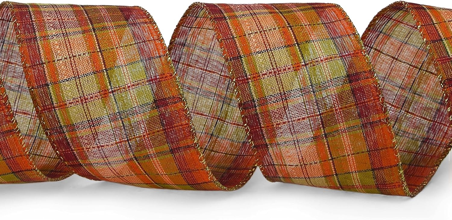 Ribbli Fall Burlap Wired Ribbon With Metallic Edge, 2-1/2 Inch x 10 Yard, Plaid Check Ribbon for Big Bow, Wreath, Gift Wrapping – Orange/Burgundy/Green(Orange/Moss)