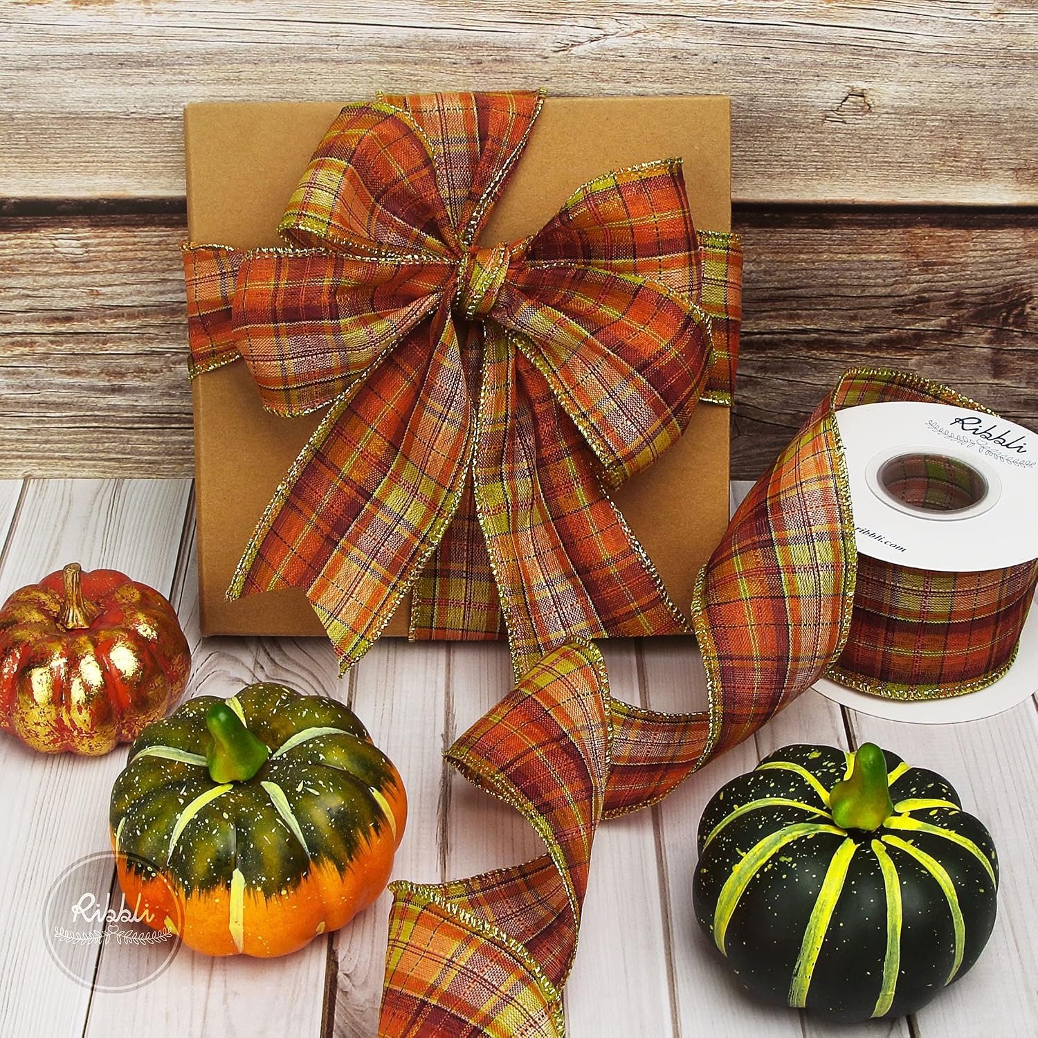 Ribbli Fall Burlap Wired Ribbon With Metallic Edge, 2-1/2 Inch x 10 Yard, Plaid Check Ribbon for Big Bow, Wreath, Gift Wrapping – Orange/Burgundy/Green(Orange/Moss)