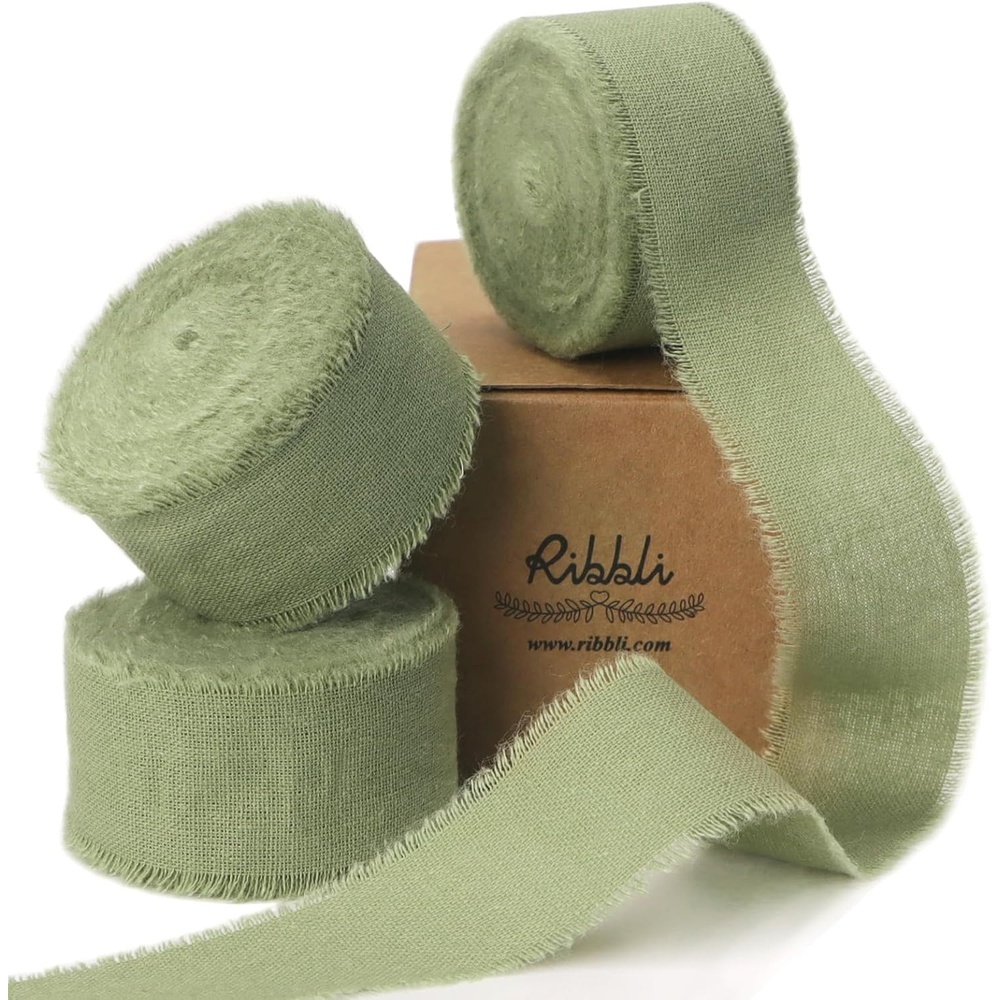 Ribbli 3 Rolls Dusty Blue Ribbon 1.5 Inch x 18Yards Handmade Cotton Frayed Fringe Ribbons for Gift Wrapping Wedding Invites Bridal Bouquets Baby Shower DIY Crafts Home Decor(Sage Green)