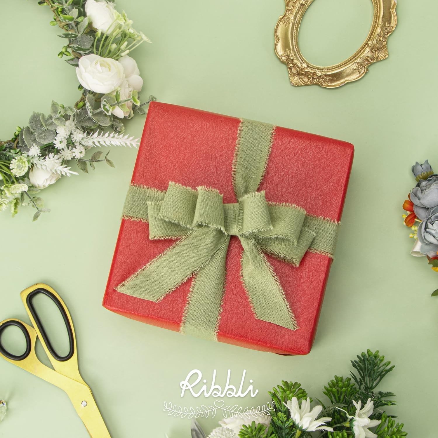 Ribbli 3 Rolls Dusty Blue Ribbon 1.5 Inch x 18Yards Handmade Cotton Frayed Fringe Ribbons for Gift Wrapping Wedding Invites Bridal Bouquets Baby Shower DIY Crafts Home Decor(Sage Green)