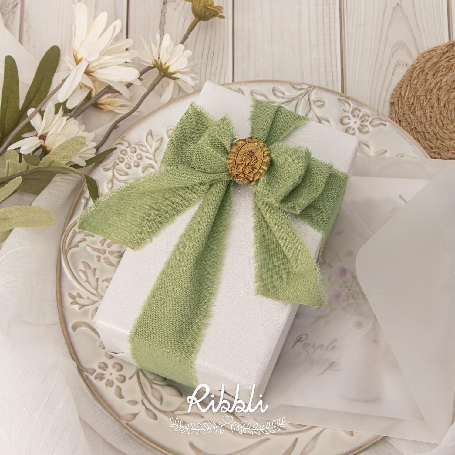 Ribbli 3 Rolls Dusty Blue Ribbon 1.5 Inch x 18Yards Handmade Cotton Frayed Fringe Ribbons for Gift Wrapping Wedding Invites Bridal Bouquets Baby Shower DIY Crafts Home Decor(Sage Green)