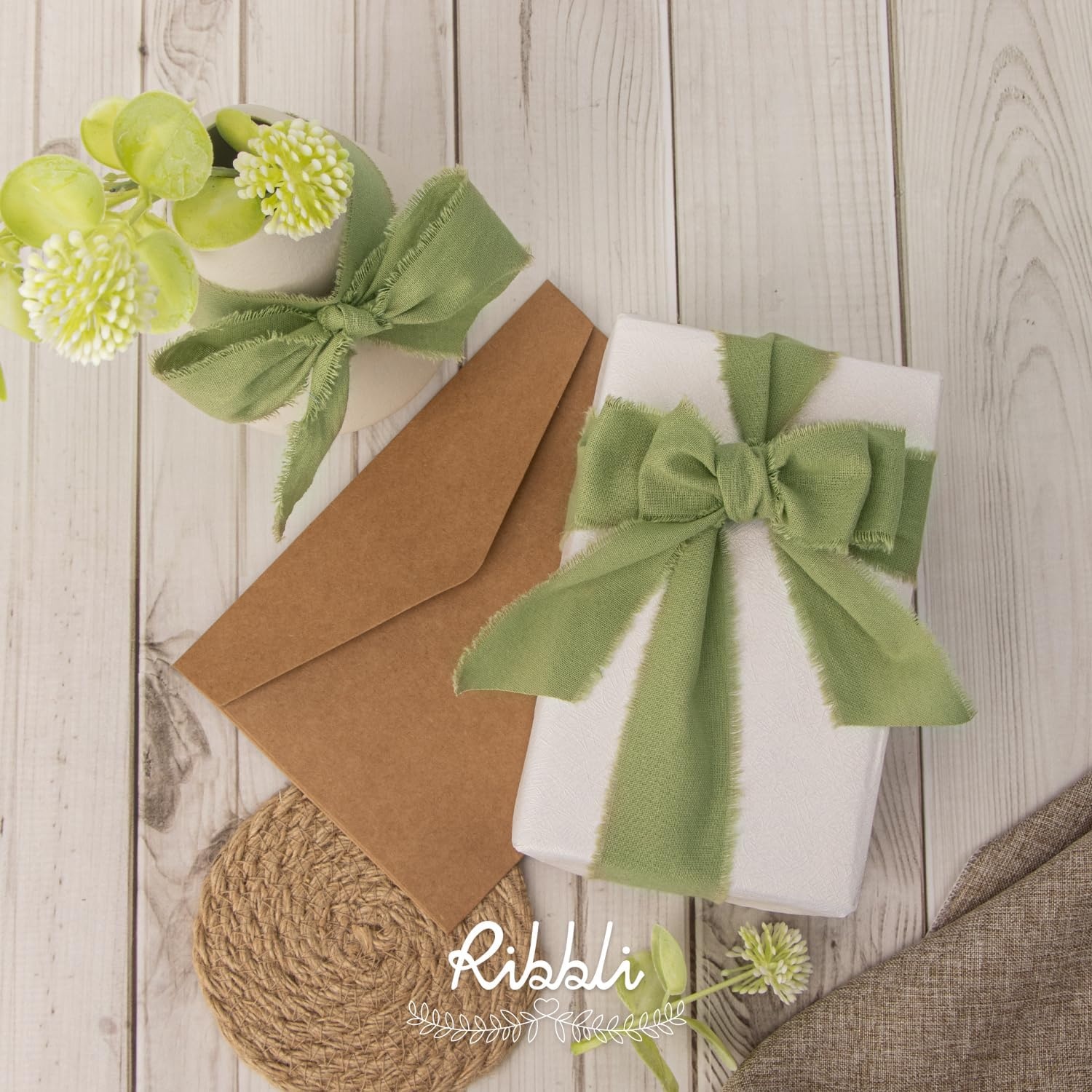 Ribbli 3 Rolls Dusty Blue Ribbon 1.5 Inch x 18Yards Handmade Cotton Frayed Fringe Ribbons for Gift Wrapping Wedding Invites Bridal Bouquets Baby Shower DIY Crafts Home Decor(Sage Green)