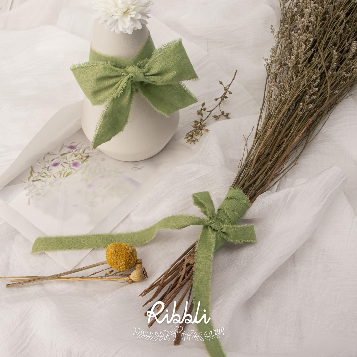 Ribbli 3 Rolls Dusty Blue Ribbon 1.5 Inch x 18Yards Handmade Cotton Frayed Fringe Ribbons for Gift Wrapping Wedding Invites Bridal Bouquets Baby Shower DIY Crafts Home Decor(Sage Green)