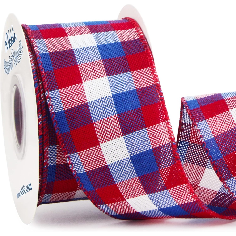 Ribbli Red and Black Wired Ribbon, 2-1/2 Inch x 10 Yard,Buffalo Plaid Burlap, Christmas Ribbon for Big Bow,Wreath,Tree Decoration,Outdoor Decoration(Red/White/Blue)