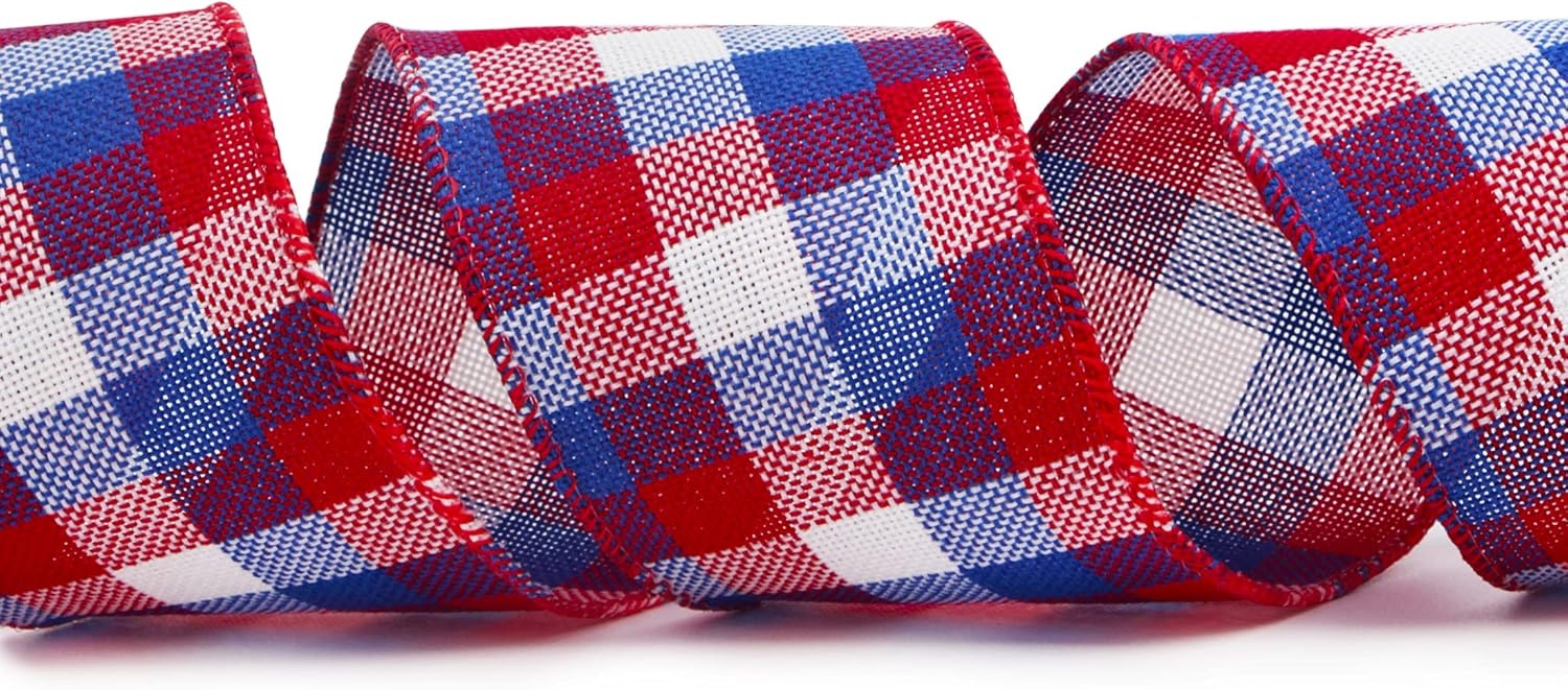 Ribbli Red and Black Wired Ribbon, 2-1/2 Inch x 10 Yard,Buffalo Plaid Burlap, Christmas Ribbon for Big Bow,Wreath,Tree Decoration,Outdoor Decoration(Red/White/Blue)