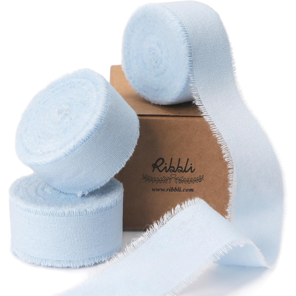 Ribbli 3 Rolls Dusty Blue Ribbon 1.5 Inch x 18Yards Handmade Cotton Frayed Fringe Ribbons for Gift Wrapping Wedding Invites Bridal Bouquets Baby Shower DIY Crafts Home Decor(Light Blue)
