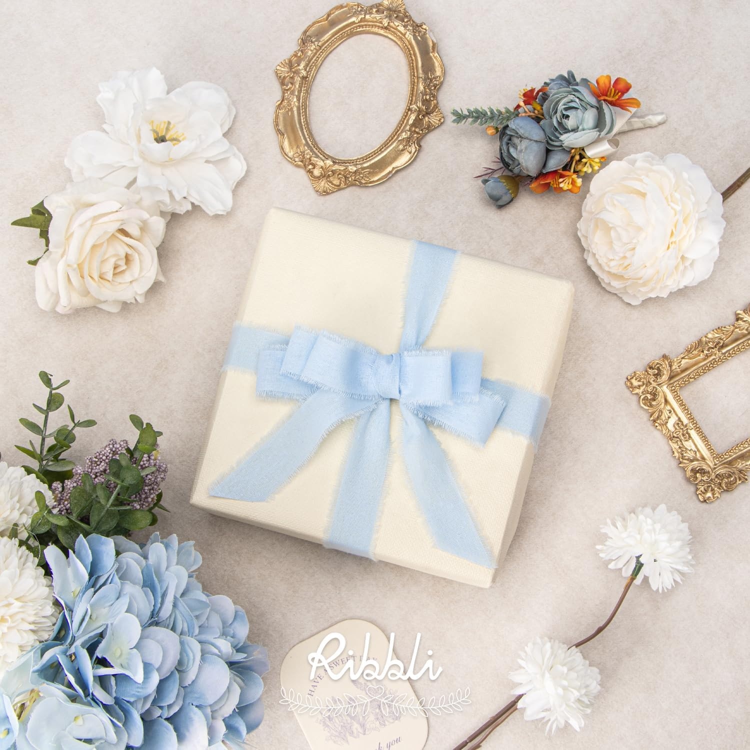 Ribbli 3 Rolls Dusty Blue Ribbon 1.5 Inch x 18Yards Handmade Cotton Frayed Fringe Ribbons for Gift Wrapping Wedding Invites Bridal Bouquets Baby Shower DIY Crafts Home Decor(Light Blue)
