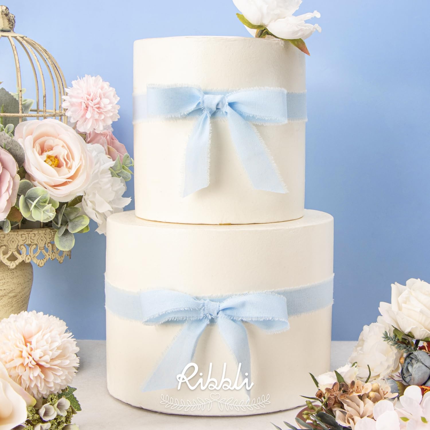 Ribbli 3 Rolls Dusty Blue Ribbon 1.5 Inch x 18Yards Handmade Cotton Frayed Fringe Ribbons for Gift Wrapping Wedding Invites Bridal Bouquets Baby Shower DIY Crafts Home Decor(Light Blue)