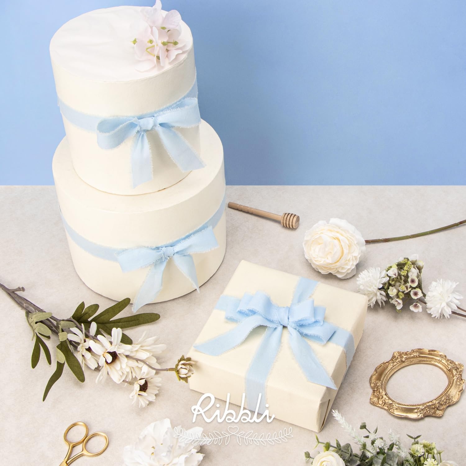 Ribbli 3 Rolls Dusty Blue Ribbon 1.5 Inch x 18Yards Handmade Cotton Frayed Fringe Ribbons for Gift Wrapping Wedding Invites Bridal Bouquets Baby Shower DIY Crafts Home Decor(Light Blue)