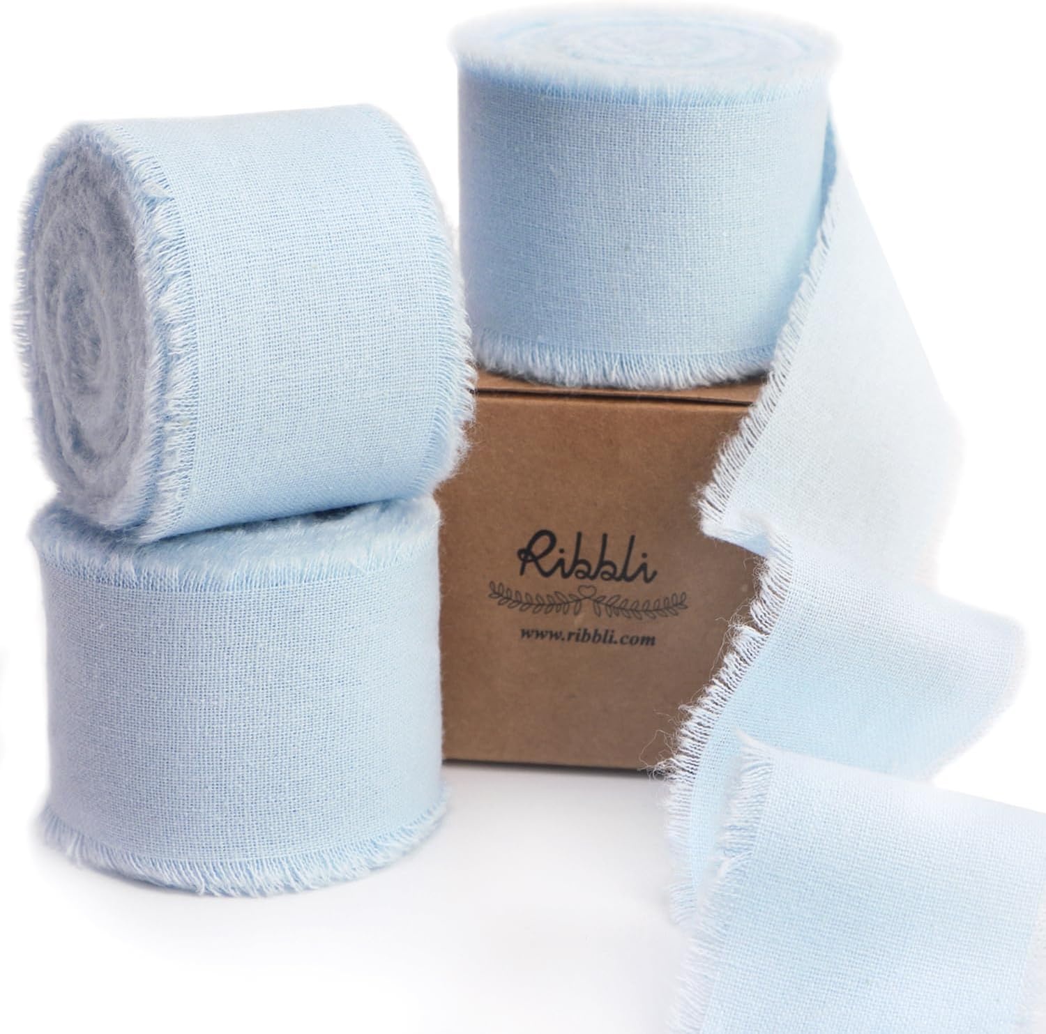 Ribbli 3 Rolls Dusty Blue Ribbon 1.5 Inch x 18Yards Handmade Cotton Frayed Fringe Ribbons for Gift Wrapping Wedding Invites Bridal Bouquets Baby Shower DIY Crafts Home Decor(Light Blue)