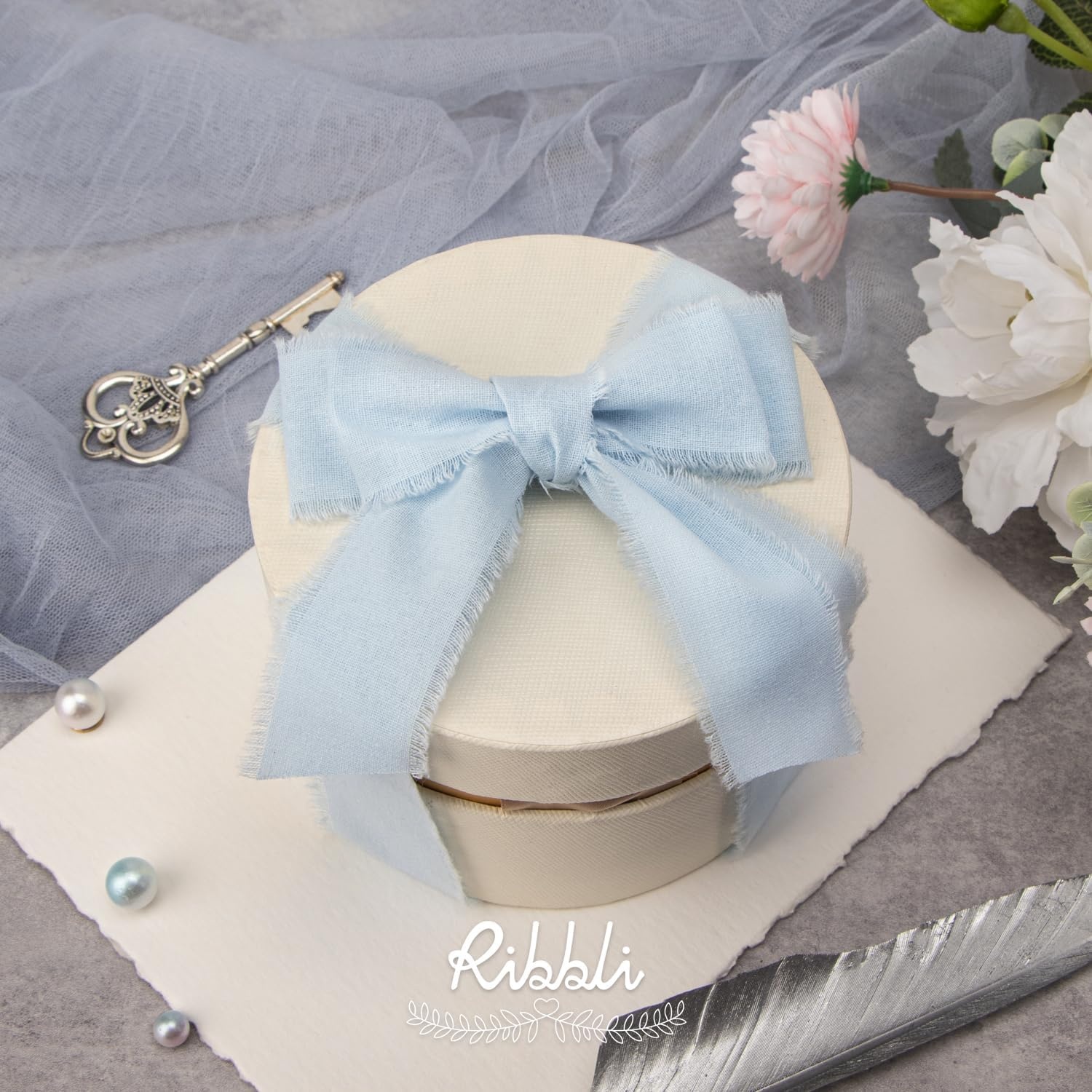 Ribbli 3 Rolls Dusty Blue Ribbon 1.5 Inch x 18Yards Handmade Cotton Frayed Fringe Ribbons for Gift Wrapping Wedding Invites Bridal Bouquets Baby Shower DIY Crafts Home Decor(Light Blue)
