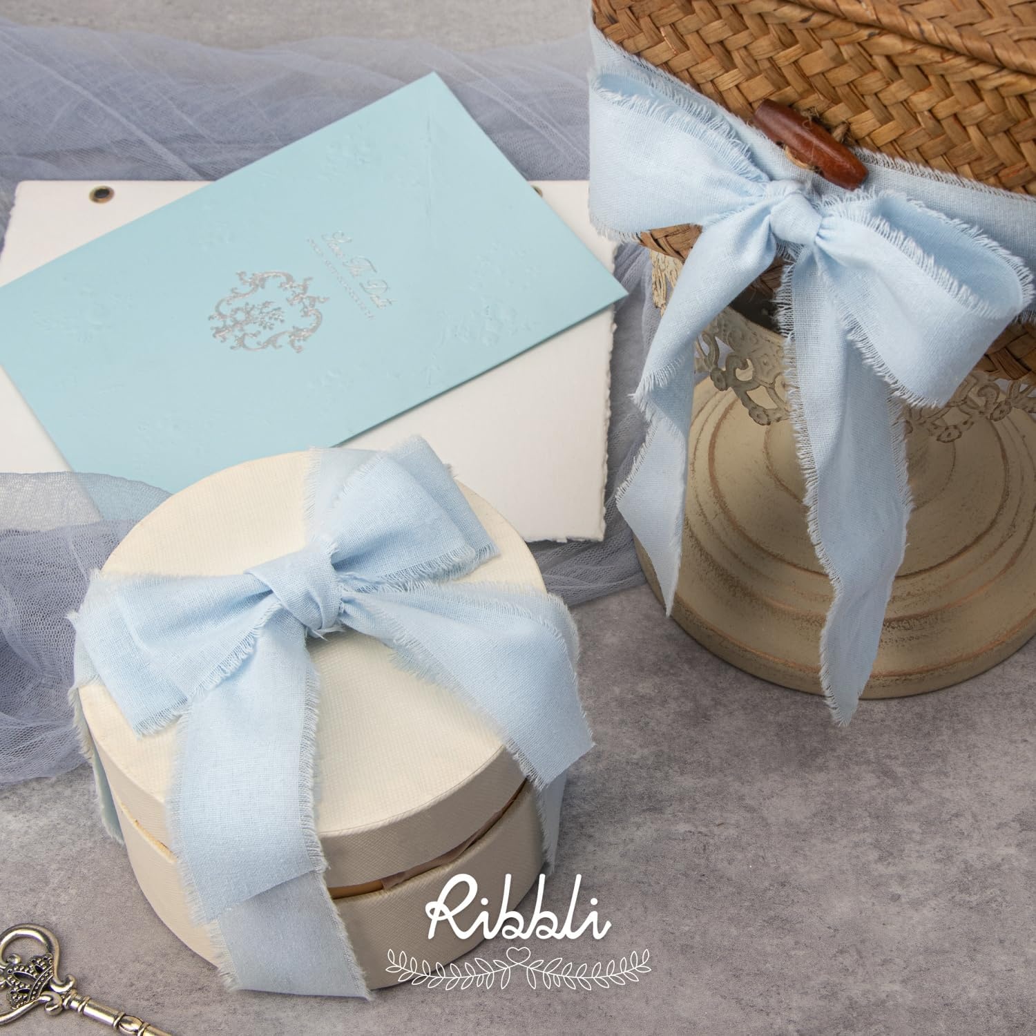 Ribbli 3 Rolls Dusty Blue Ribbon 1.5 Inch x 18Yards Handmade Cotton Frayed Fringe Ribbons for Gift Wrapping Wedding Invites Bridal Bouquets Baby Shower DIY Crafts Home Decor(Light Blue)