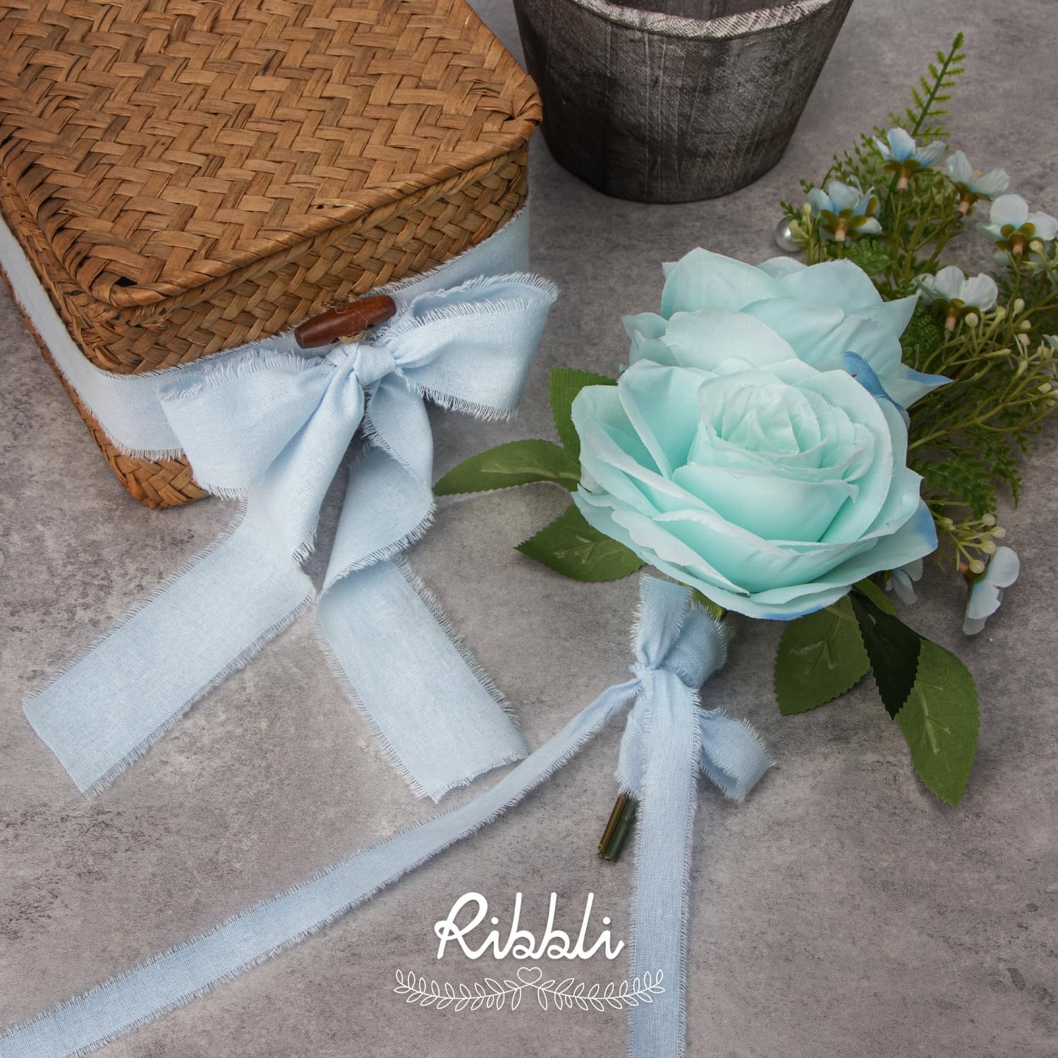 Ribbli 3 Rolls Dusty Blue Ribbon 1.5 Inch x 18Yards Handmade Cotton Frayed Fringe Ribbons for Gift Wrapping Wedding Invites Bridal Bouquets Baby Shower DIY Crafts Home Decor(Light Blue)