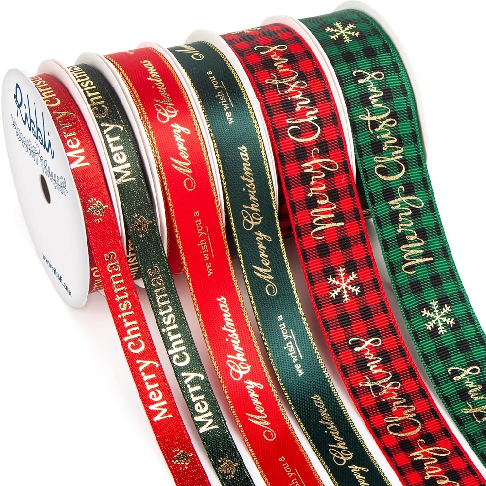 Ribbli Christmas Ribbon for Gift Wrapping, Merry Christmas Ribbon with Gold Pattern, Use for Christmas Craft,Gift Wrapping,Home Decor,3/8 5/8 1- 6 Rolls Total 30 Yards,Red/Green(Red  Green  Gold)