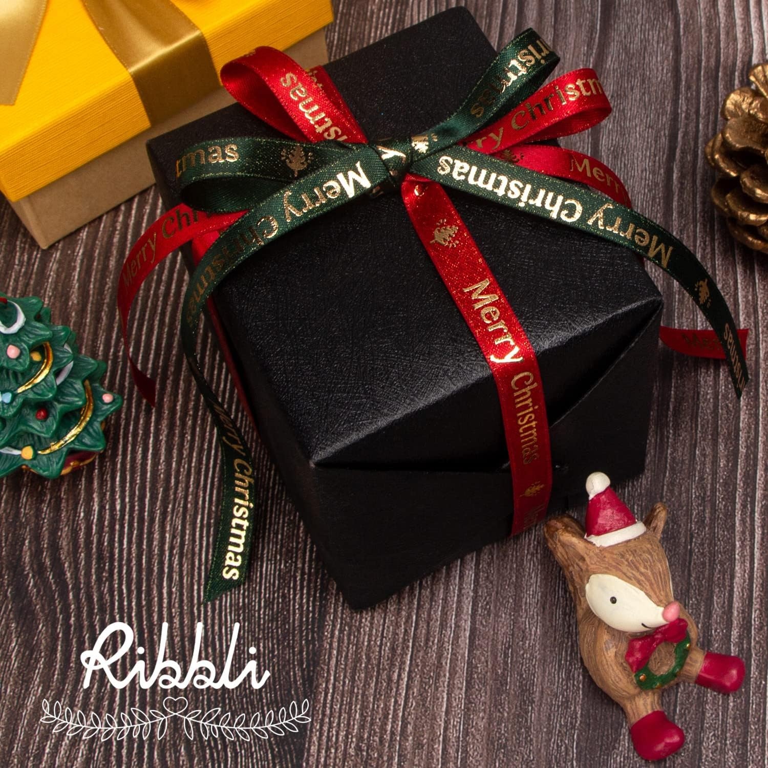 Ribbli Christmas Ribbon for Gift Wrapping, Merry Christmas Ribbon with Gold Pattern, Use for Christmas Craft,Gift Wrapping,Home Decor,3/8 5/8 1- 6 Rolls Total 30 Yards,Red/Green(Red  Green  Gold)