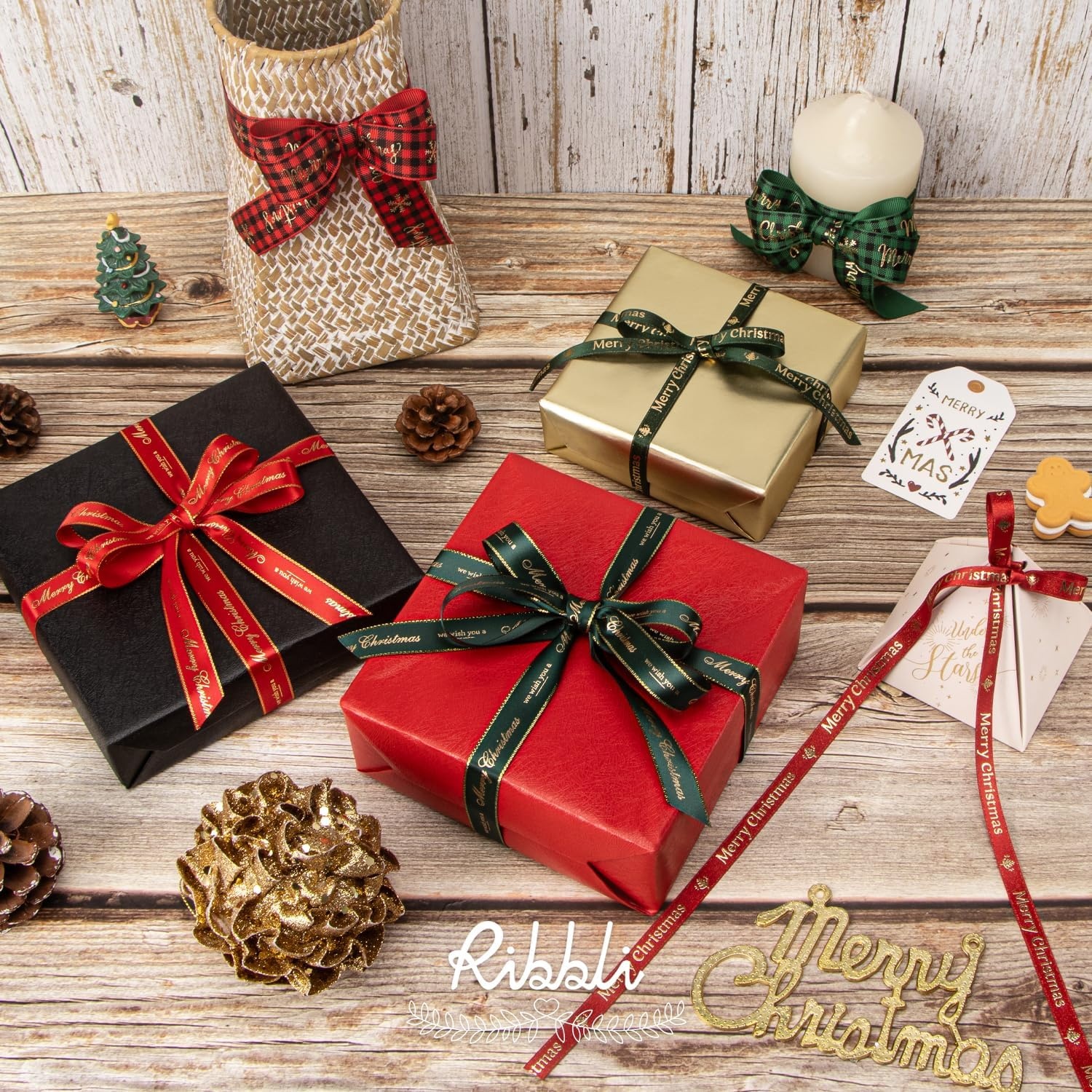 Ribbli Christmas Ribbon for Gift Wrapping, Merry Christmas Ribbon with Gold Pattern, Use for Christmas Craft,Gift Wrapping,Home Decor,3/8 5/8 1- 6 Rolls Total 30 Yards,Red/Green(Red  Green  Gold)
