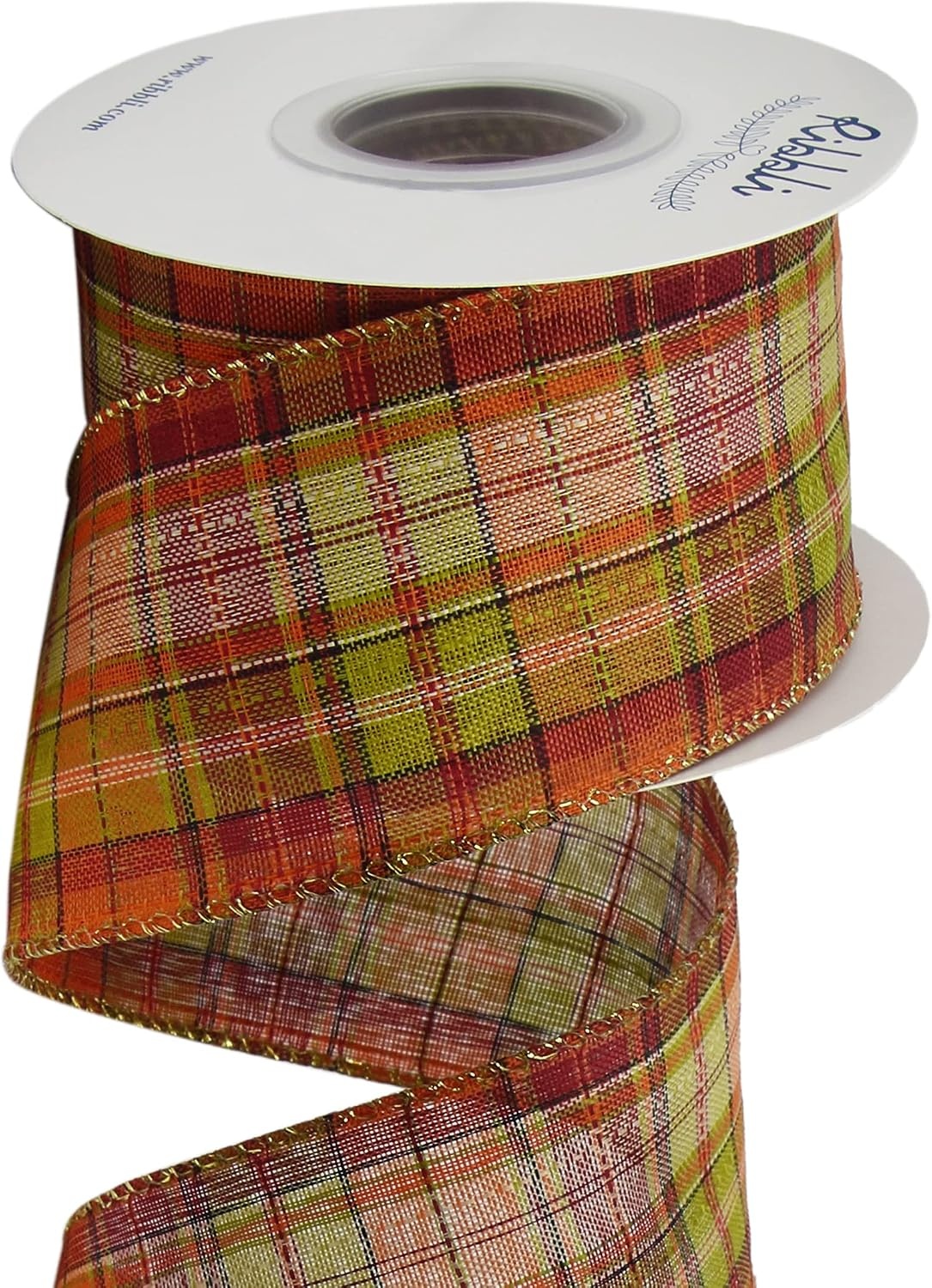 Ribbli Fall Burlap Wired Ribbon, 2-1/2 Inch x 10 Yard, Plaid Check Ribbon for Big Bow, Wreath, Gift Wrapping – Yellow/Orange/Burgundy/Brown(Orange/Moss)