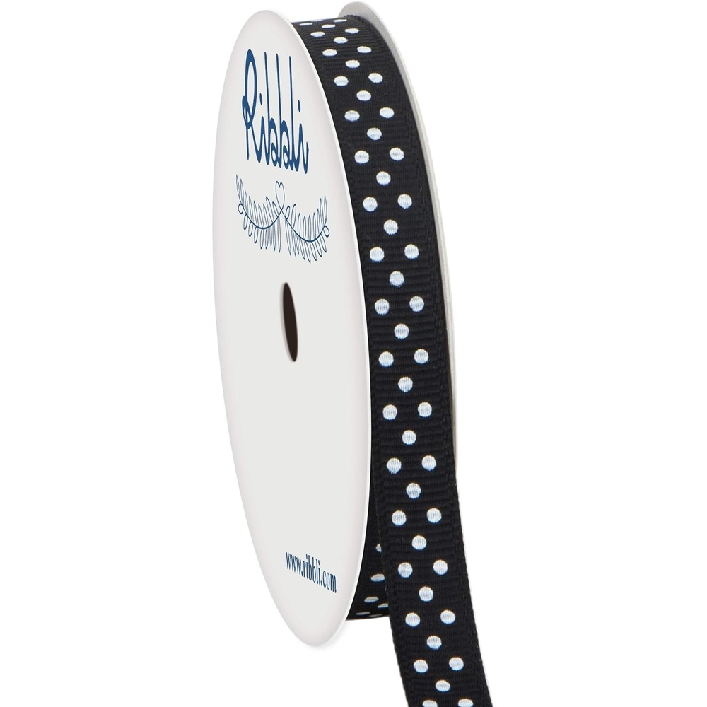 Ribbli Grosgrain Polka Dot Craft Ribbon,3/8 Inch,10-Yard Spool,Black with White Dots,Use for Gift Wrapping,Party Decoration,All Crafting and Sewing(Black/White)